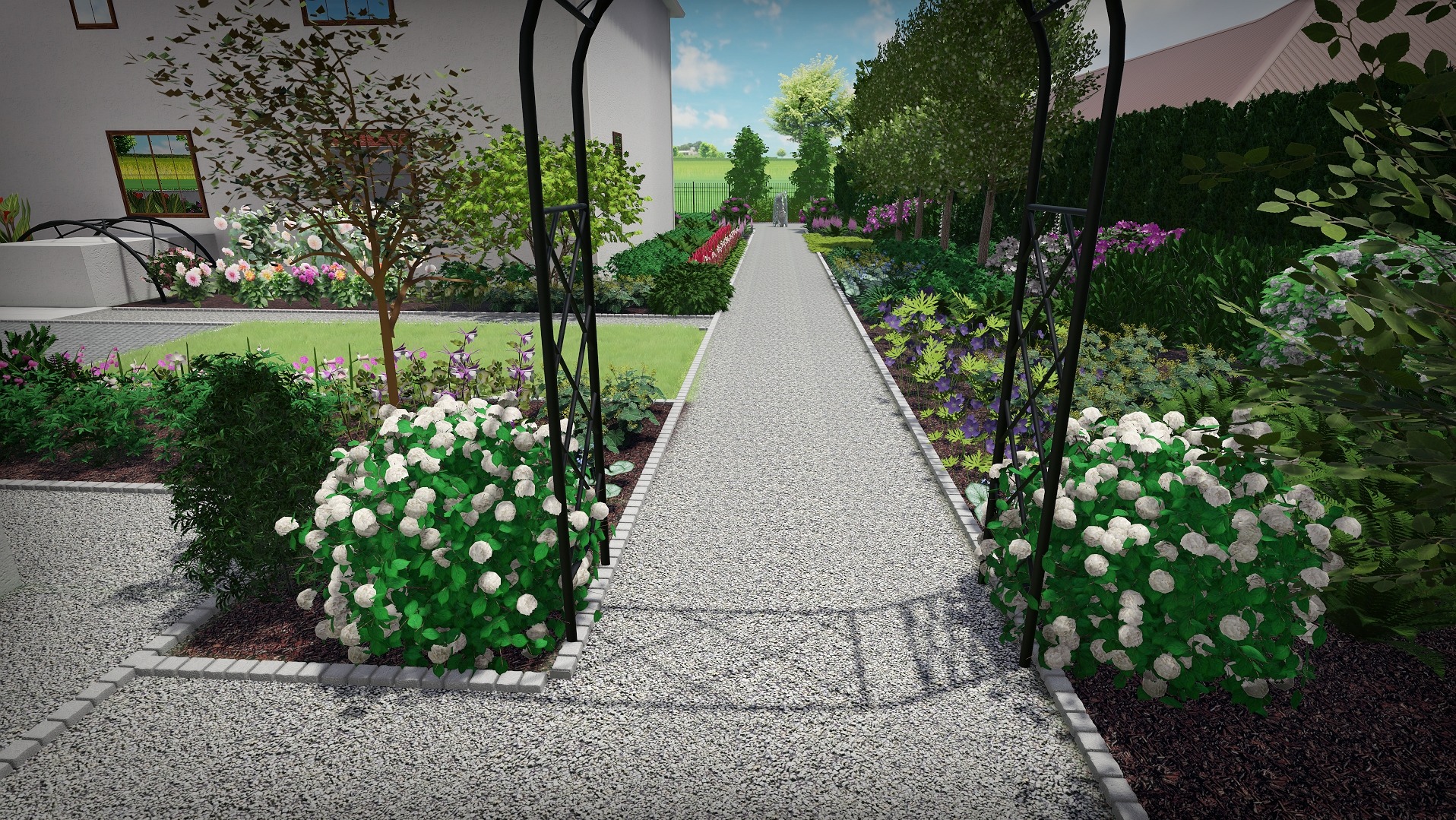 Wizualizacja ogrodu z żwirową ścieżką prowadzącą przez metalową pergolę, otoczoną kwitnącymi krzewami i różnorodną roślinnością, w tle widoczny dom z oknami.