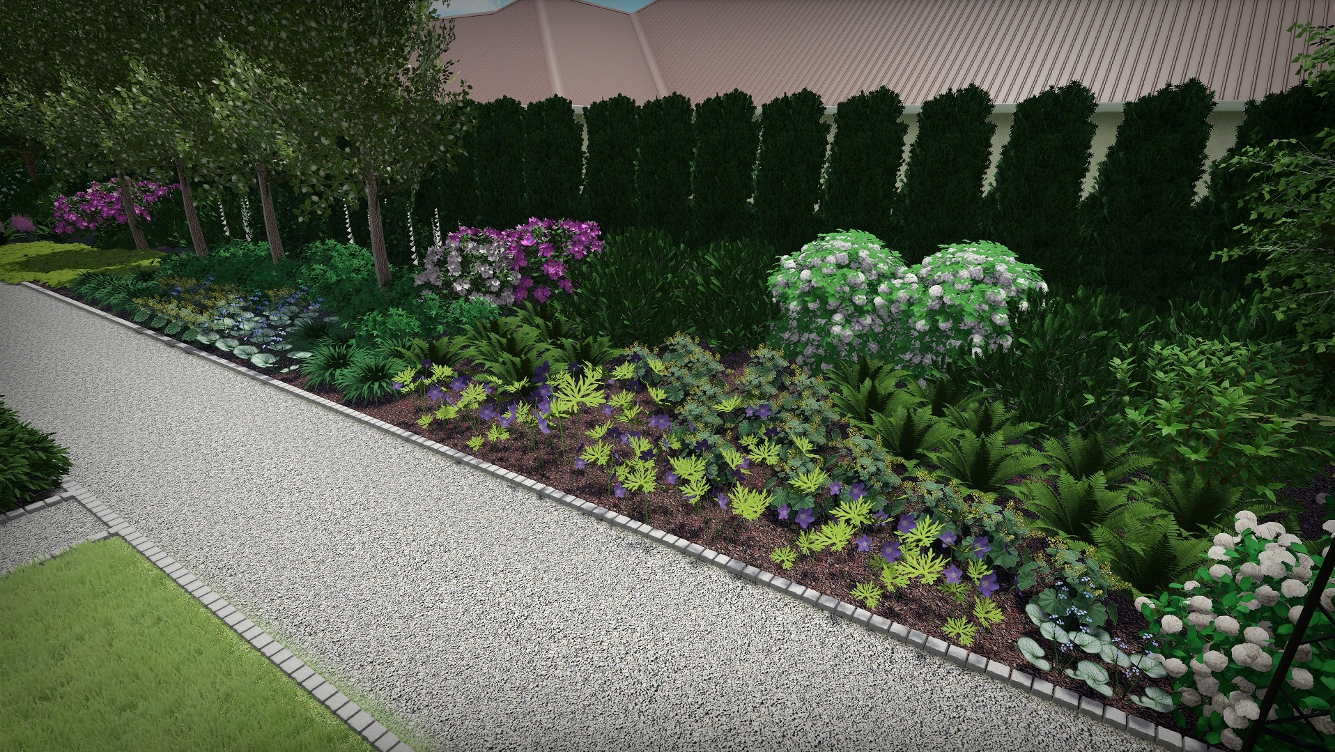 Wizualizacja ogrodu z żwirową ścieżką obrzeżoną kostką, różnorodną roślinnością, w tym drzewami, krzewami kwitnącymi na fioletowo i biało oraz wysokim żywopłotem w tle.