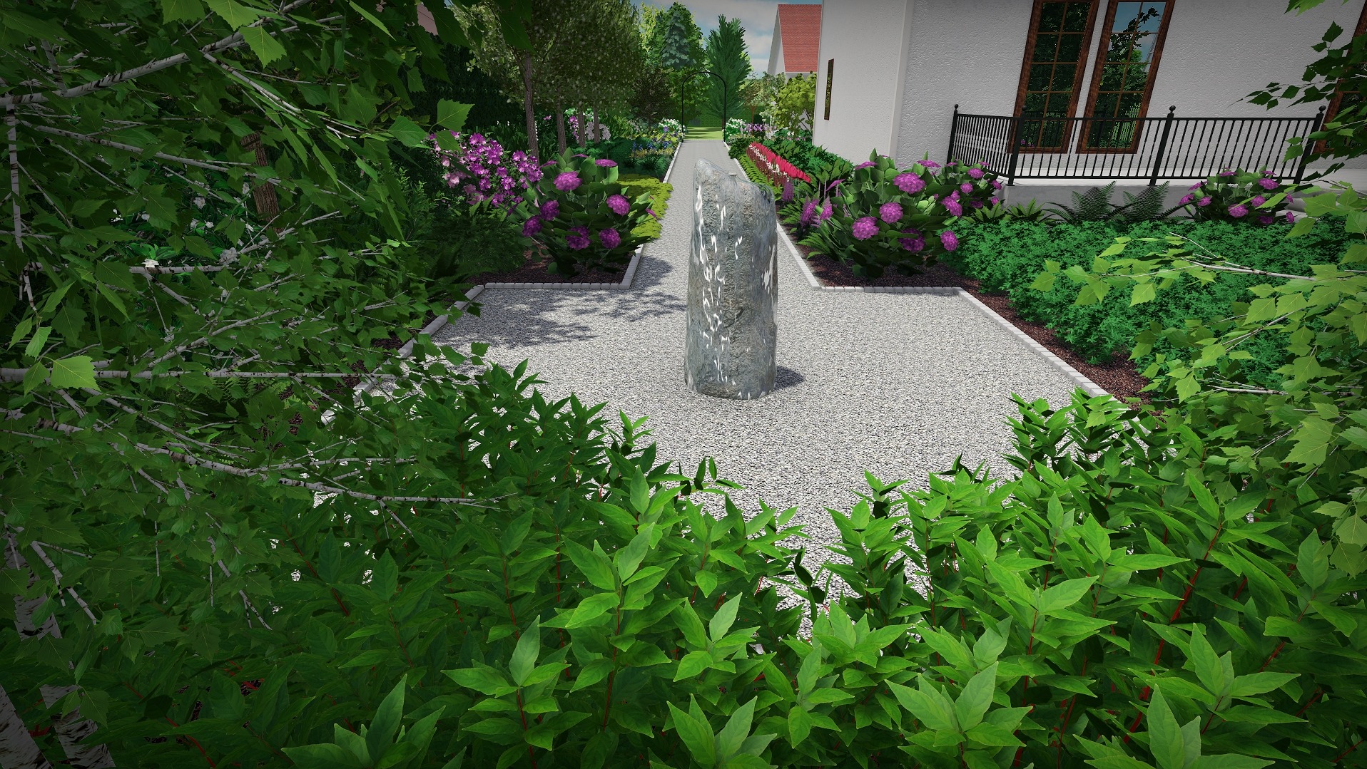 Wizualizacja ogrodu z centralnie umieszczonym monolitem z szarego kamienia na żwirowym podłożu, otoczonego rabatami z kwitnących hortensji i zielenią, z budynkiem w tle.