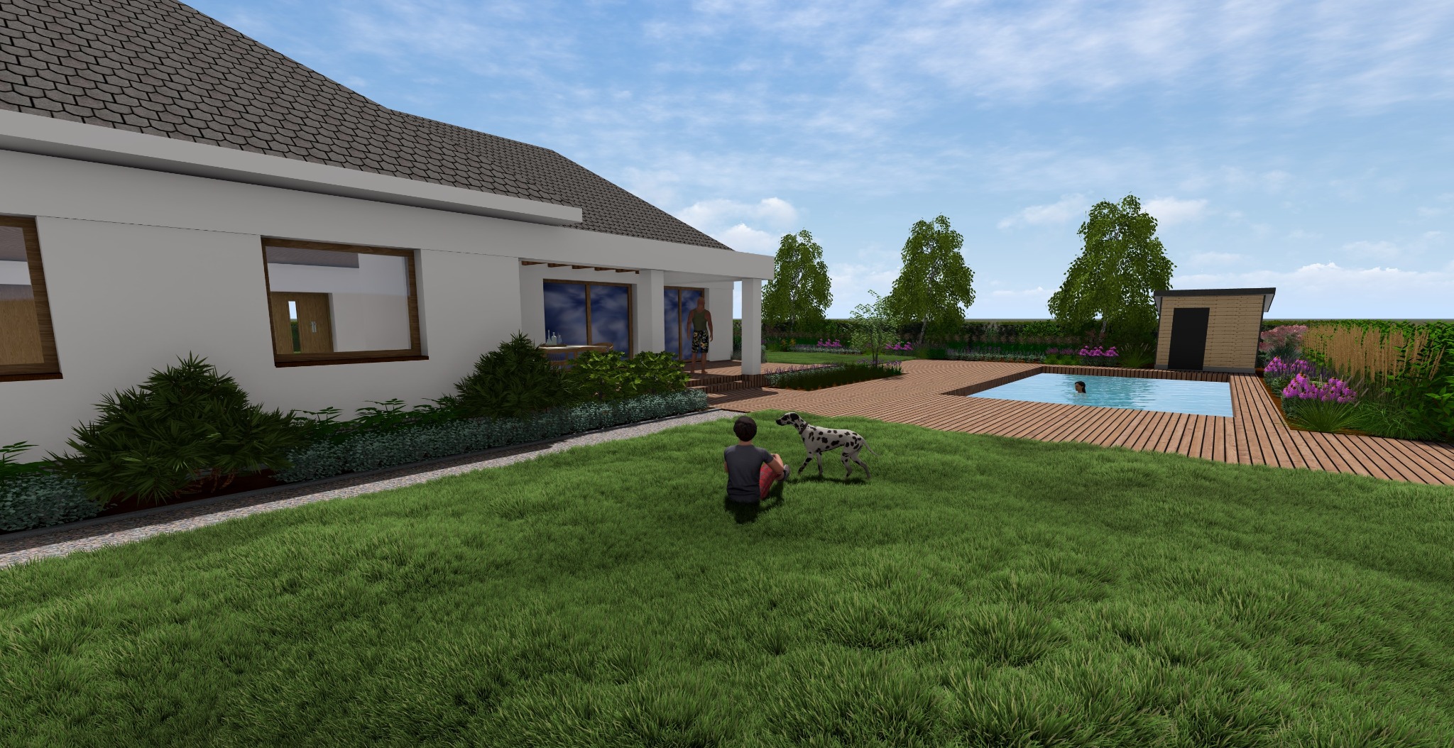 Wizualizacja ogrodu z basenem, drewnianym tarasem i domem w tle. Na trawniku bawi się chłopiec z dalmatyńczykiem. W basenie pływa osoba. Całość w słoneczny dzień.