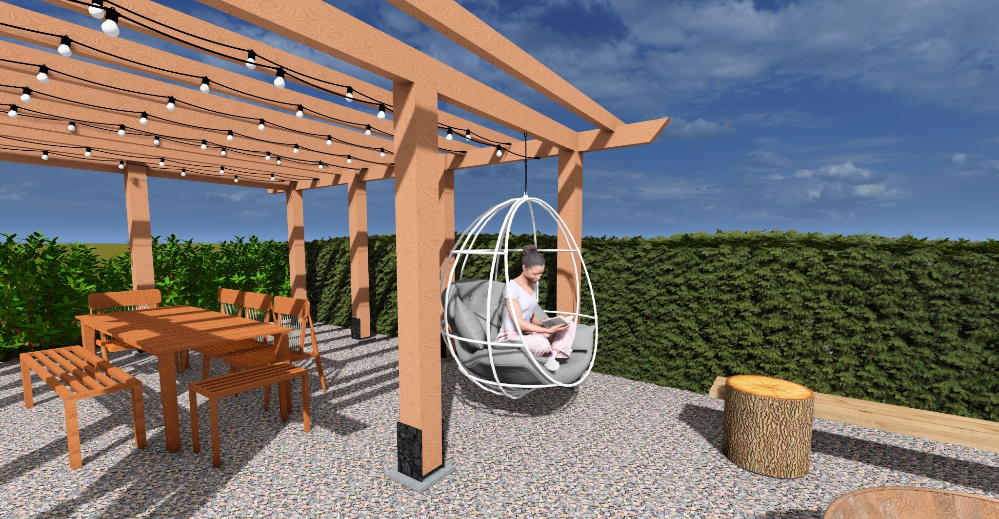 Pergola z oświetleniem i wiszącym fotelem w ogrodzie. Stół z krzesłami i pieńkiem. Tło: zielony żywopłot i błękitne niebo. Wizualizacja projektu ogrodu.