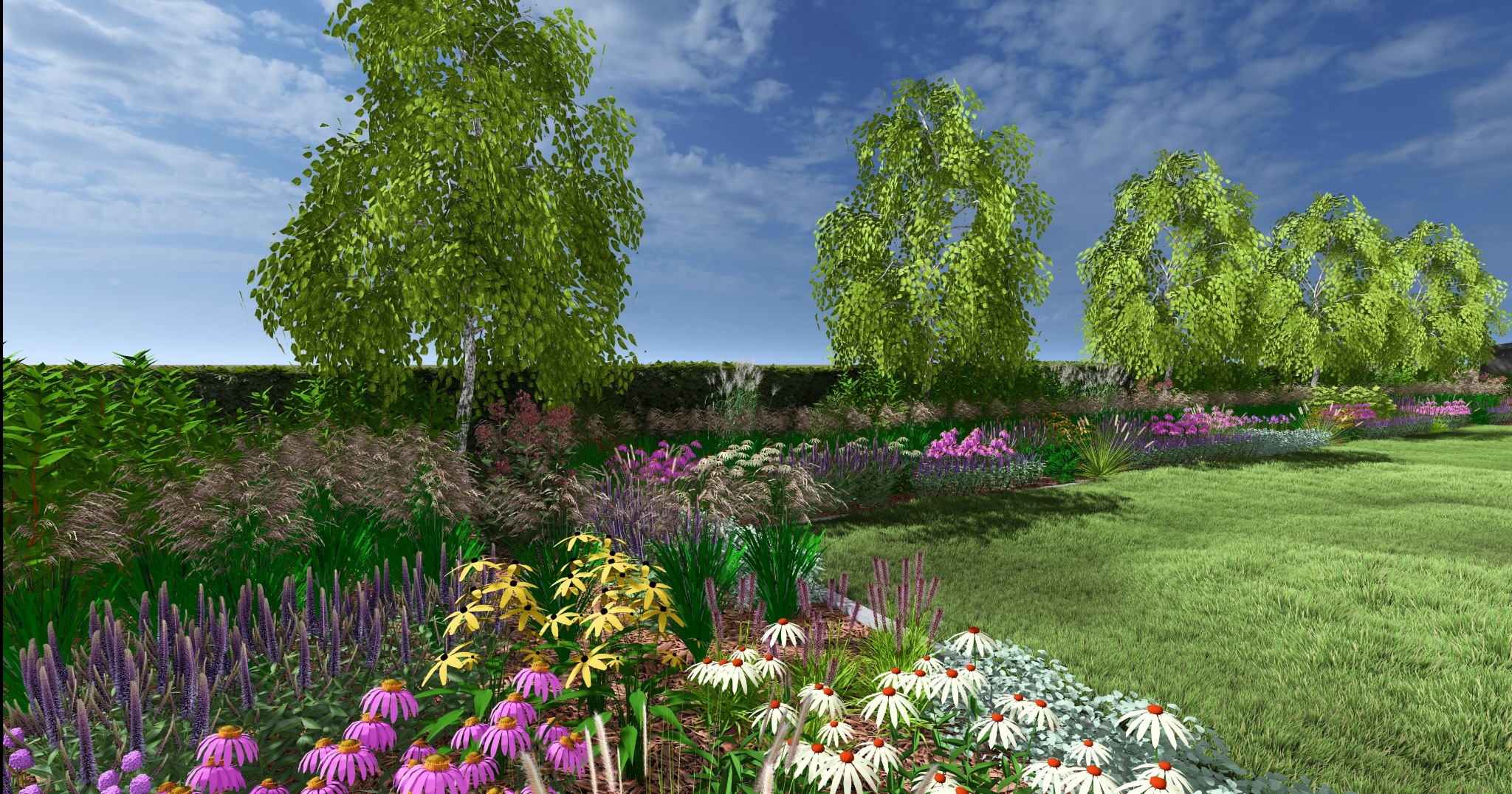 Bujny ogród z kwitnącymi bylinami w odcieniach fioletu, różu i bieli, z zielonym trawnikiem i drzewami w tle, pod błękitnym niebem z chmurami.