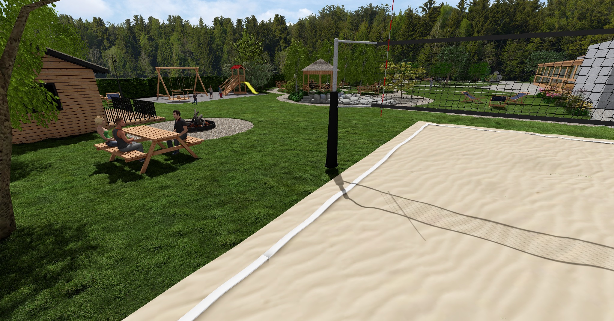 Wizualizacja rozległego ogrodu z boiskiem do siatkówki, placem zabaw, altaną i miejscem na ognisko, otoczonego zielenią i drzewami. Widoczne osoby korzystające z przestrzeni.
