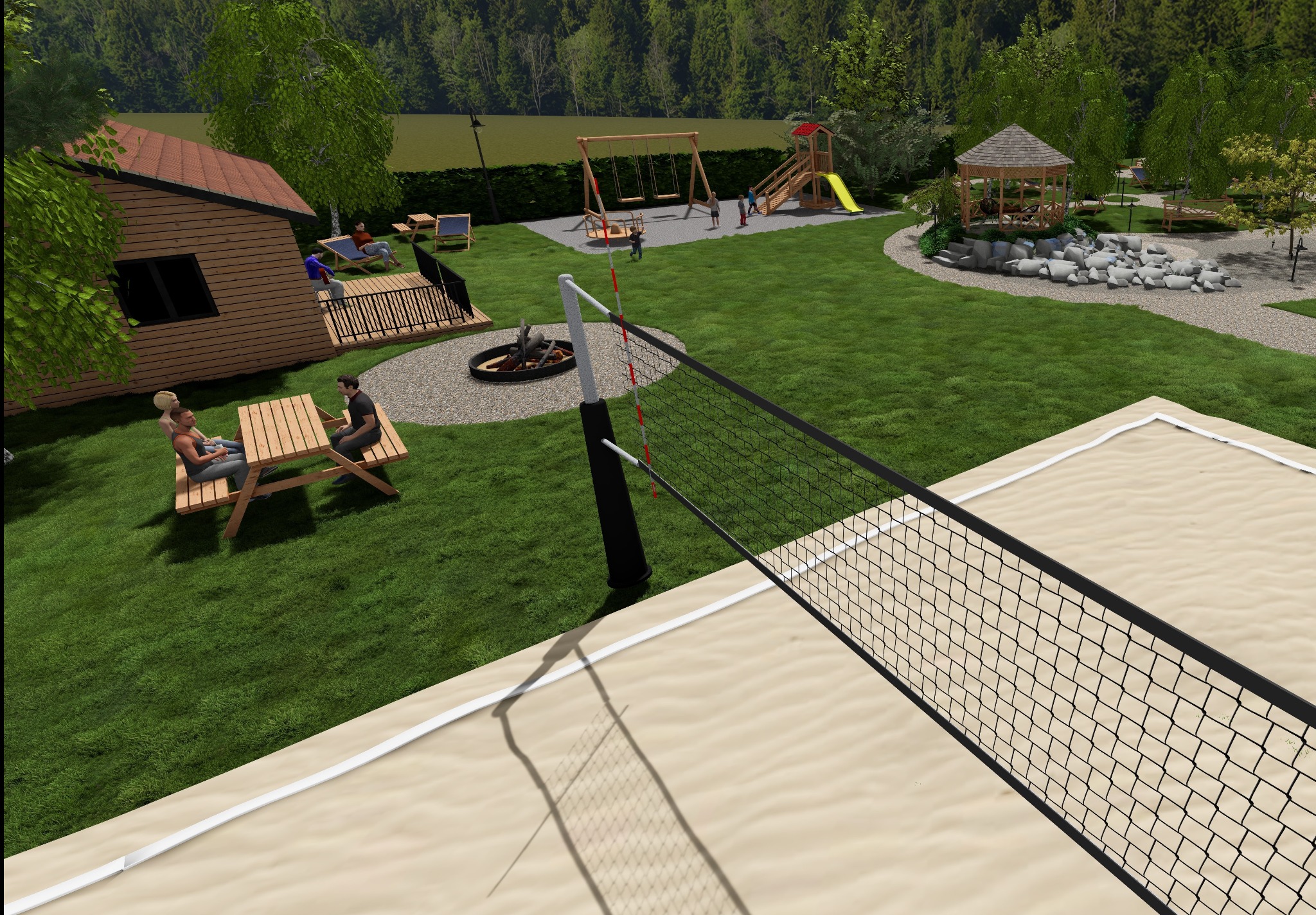 Wizualizacja zagospodarowania terenu rekreacyjnego z boiskiem do siatkówki plażowej, placem zabaw, miejscem na ognisko i drewnianą altaną w otoczeniu zieleni.