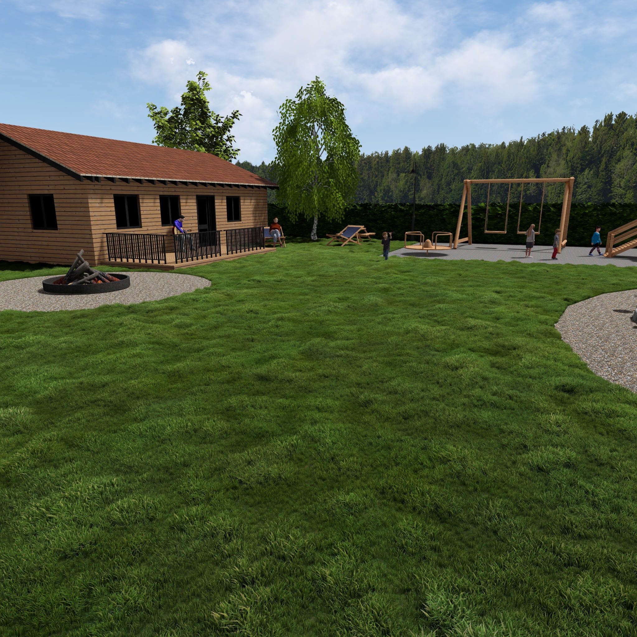 Wizualizacja zagospodarowania terenu: drewniany domek z tarasem, palenisko, plac zabaw z huśtawkami, leżaki i bujna zieleń trawnika. Realistyczny projekt ogrodu.