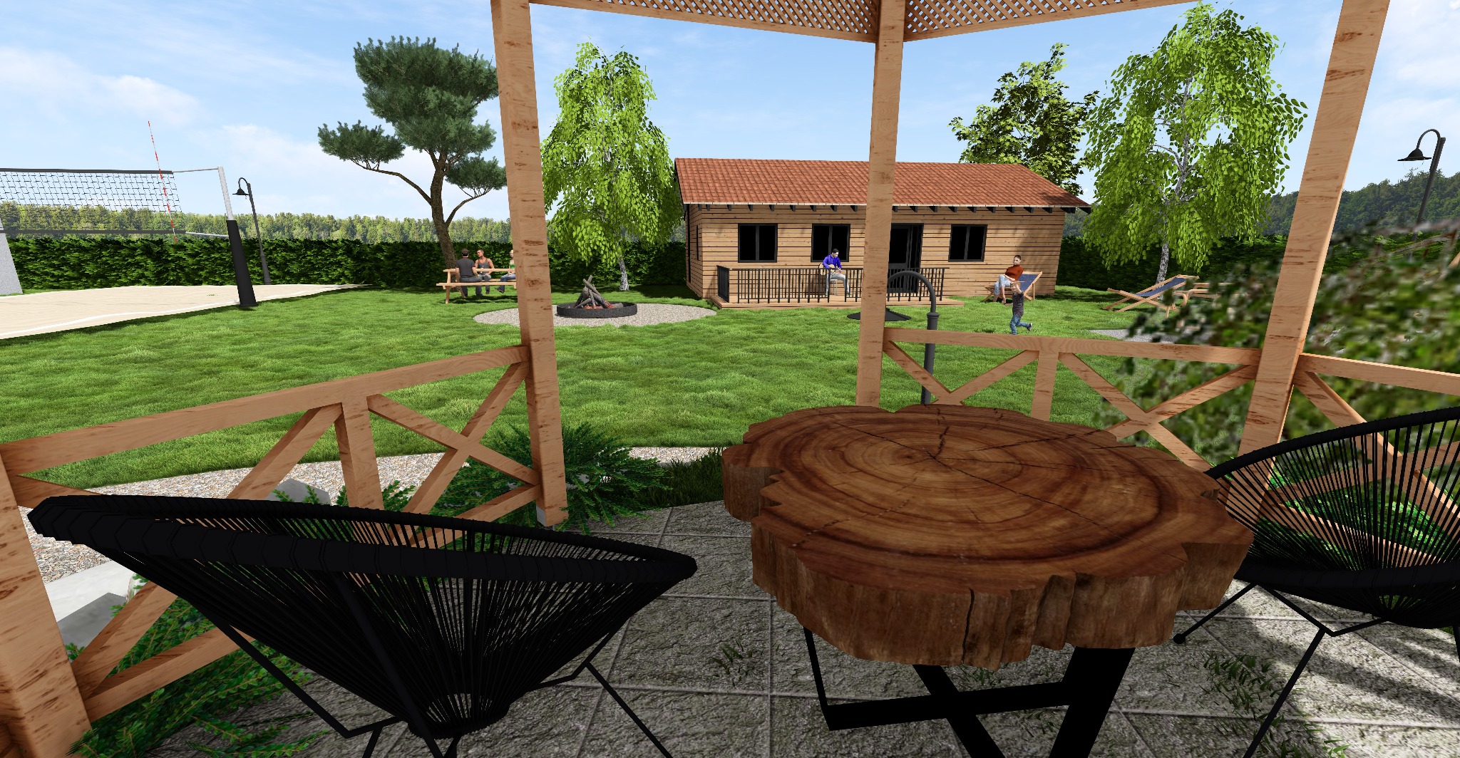 Wizualizacja ogrodu z drewnianą altaną, stołem z pnia drzewa i czarnymi krzesłami. W tle domek, trawnik, siatka do siatkówki i osoby.