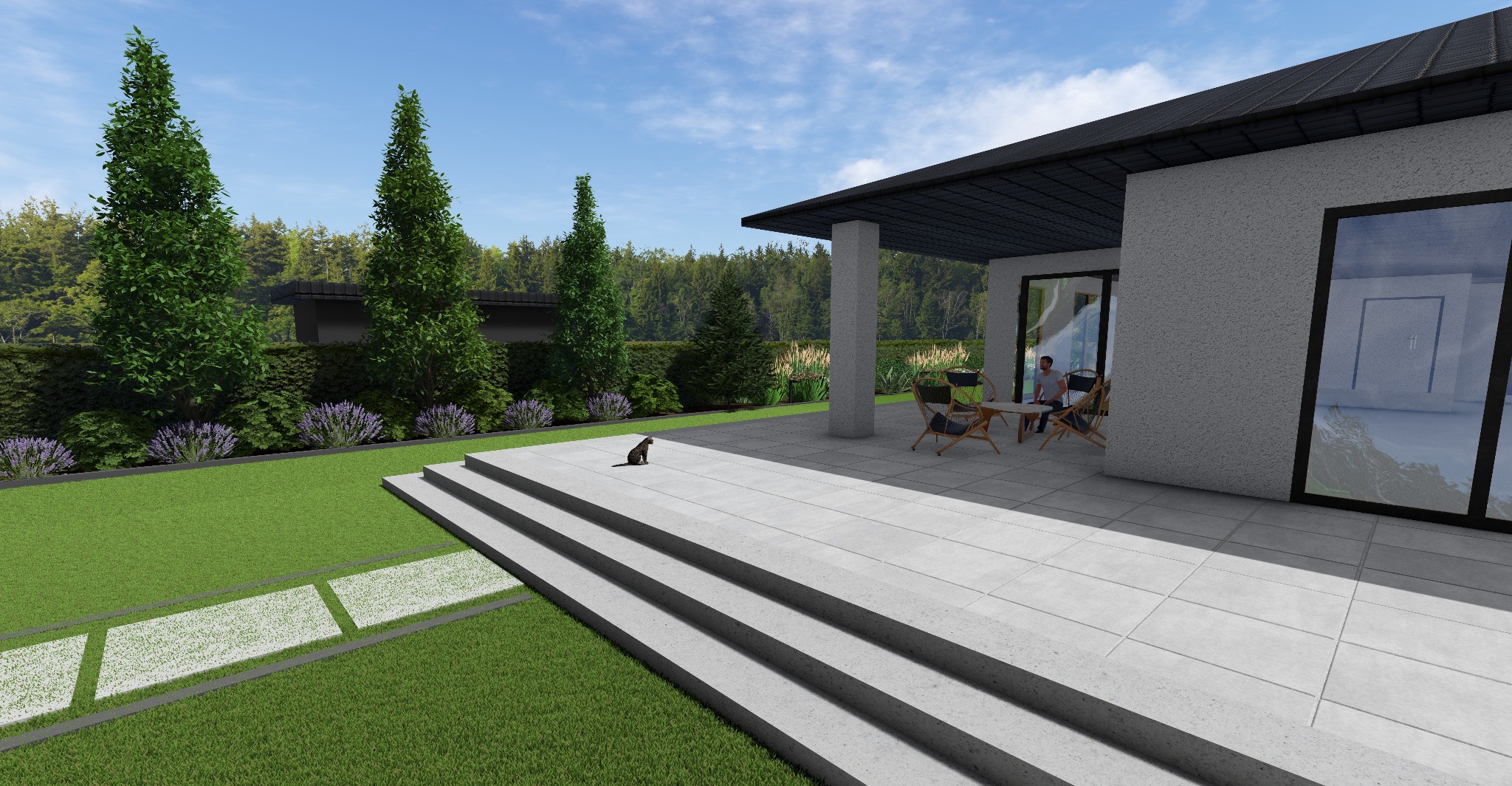 Wizualizacja ogrodu z tarasem i nowoczesnym domem. Na tarasie siedzi mężczyzna. W tle wysokie drzewa i krzewy. Na pierwszym planie kot siedzi na schodach.