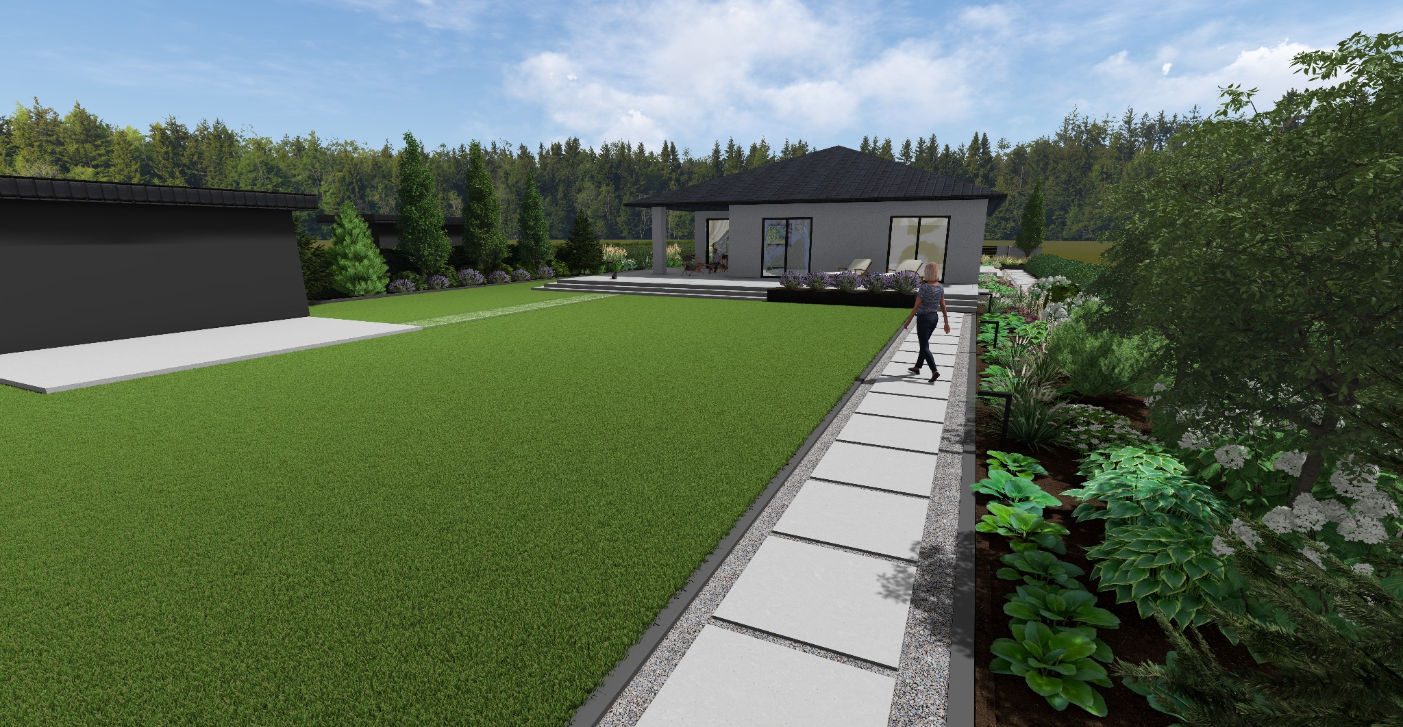 Wizualizacja ogrodu z nowoczesnym domem, trawnikiem, ścieżką z płyt, rabatami kwiatowymi i drzewami w tle. Osoba spaceruje po ścieżce. Projekt z dbałością o detale.