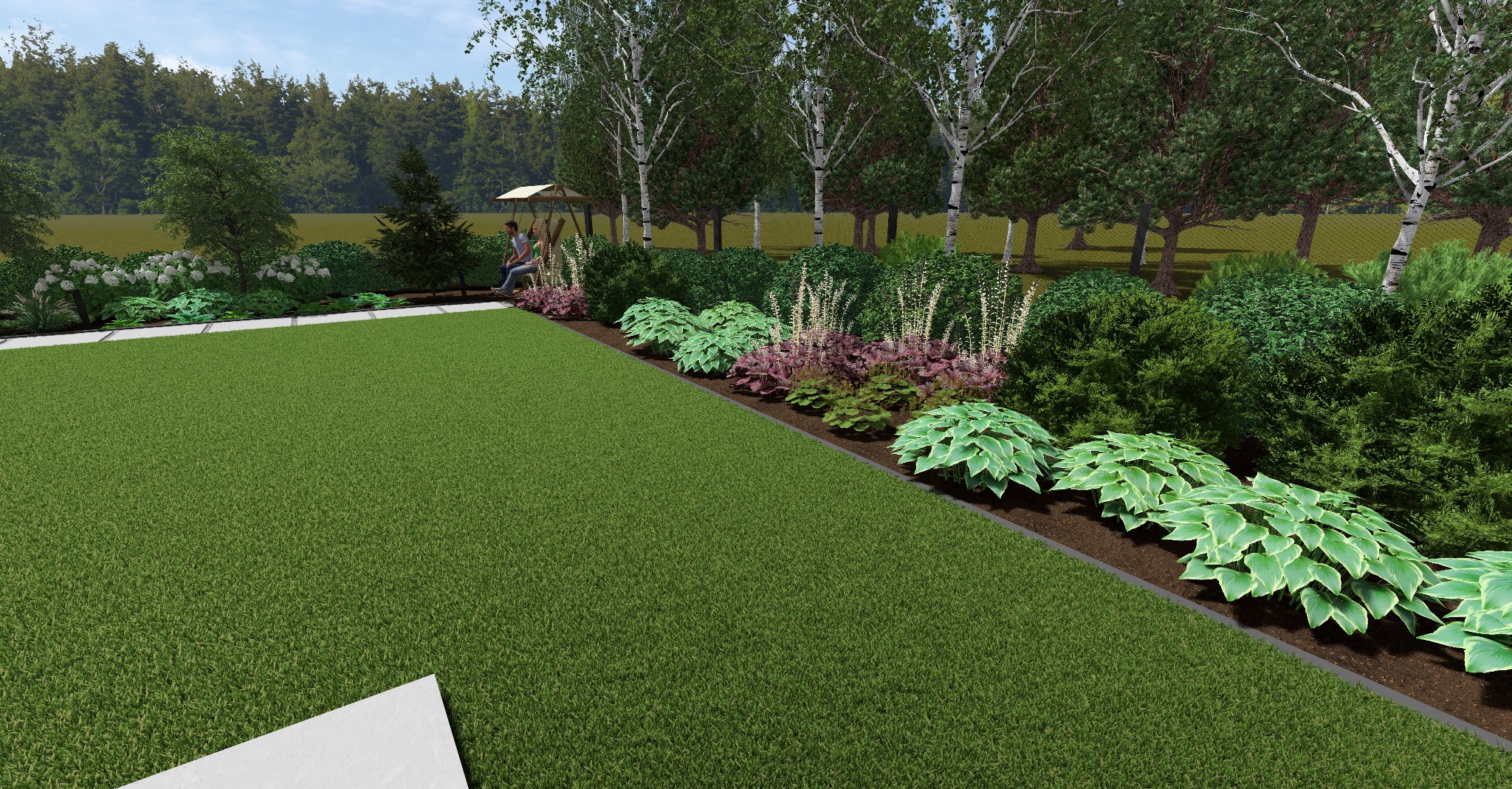 Wizualizacja ogrodu z równo przystrzyżonym trawnikiem, rabatami z hostami i kwitnącymi bylinami. W tle rząd brzóz i altana z osobami.