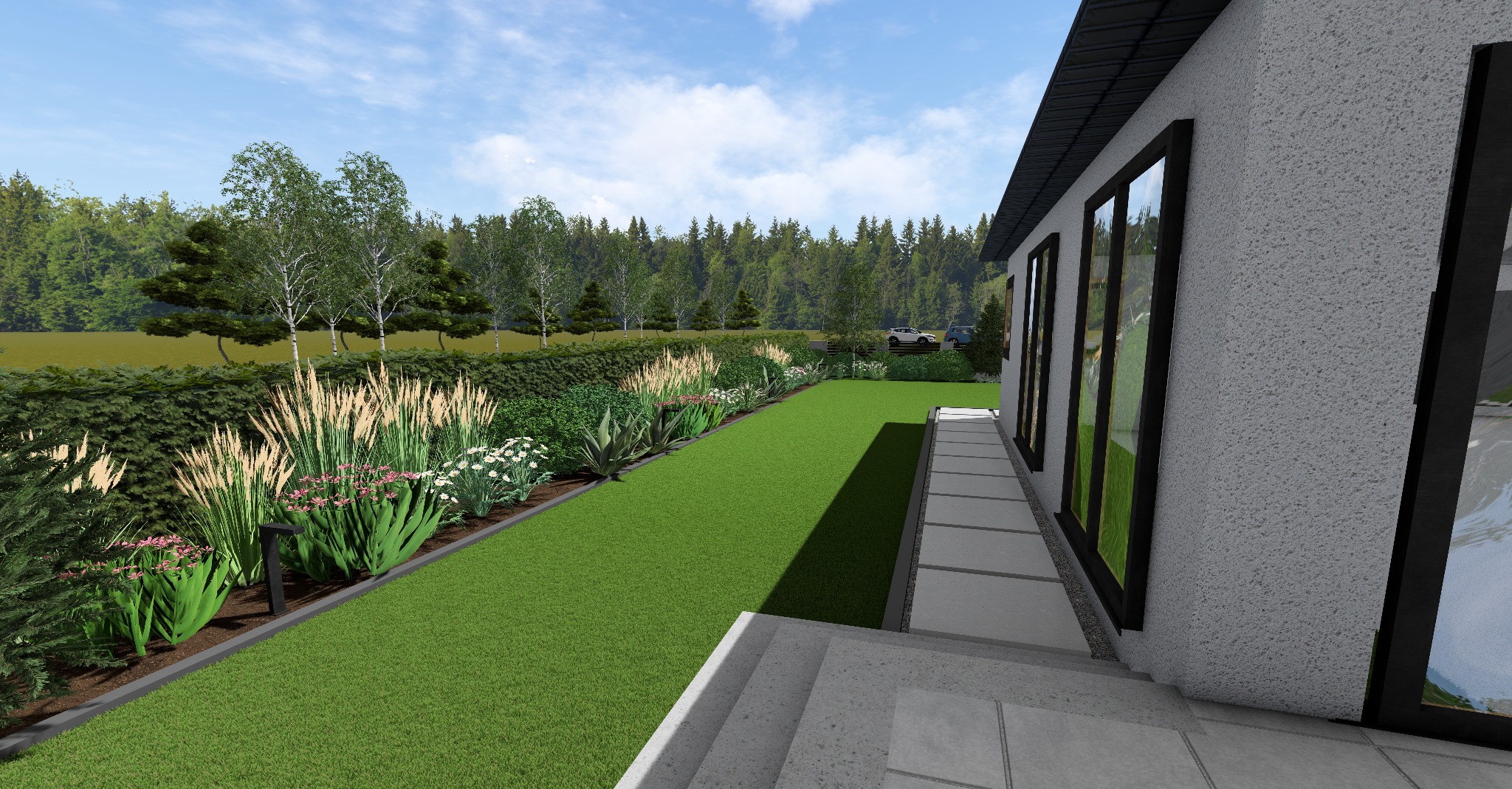 Wizualizacja ogrodu przydomowego z równo przystrzyżonym trawnikiem, rabatami kwiatowymi i krzewami, widok z perspektywy schodów prowadzących do domu.