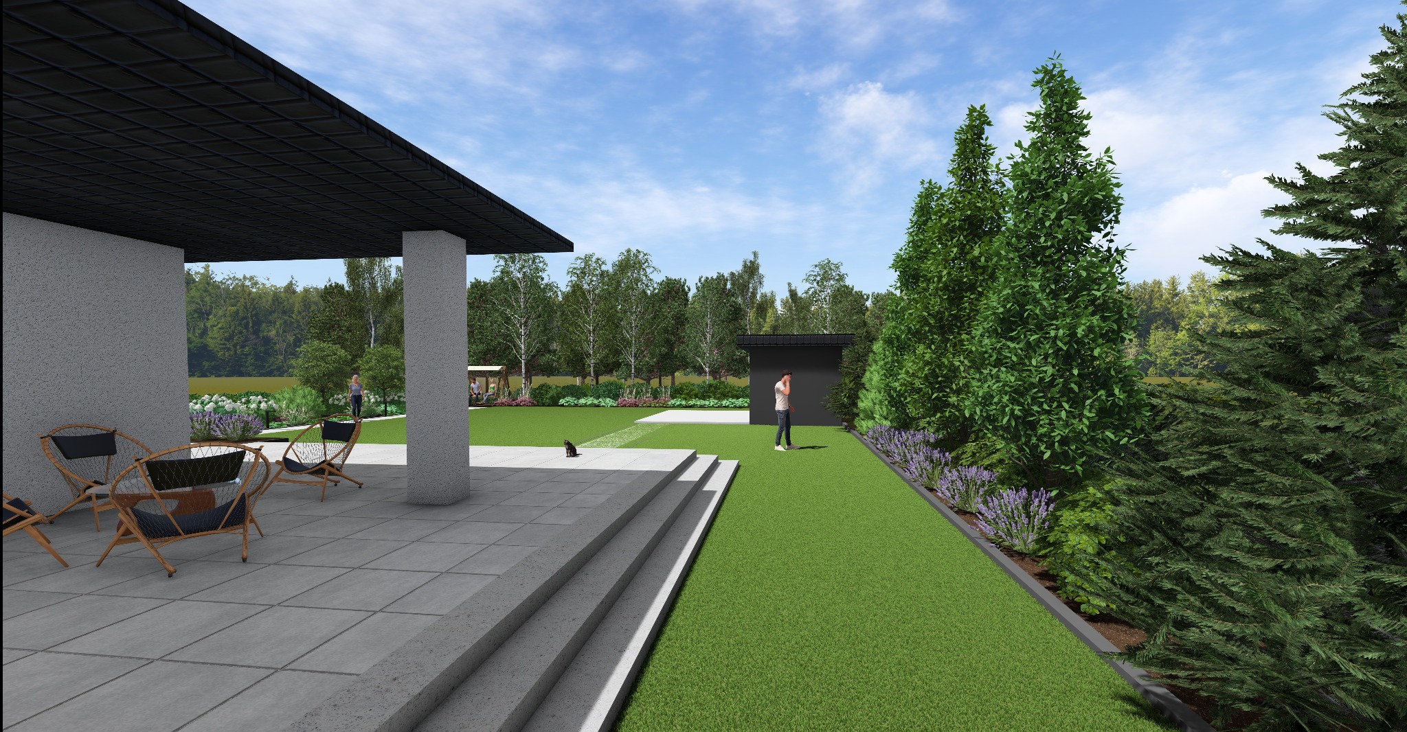 Wizualizacja ogrodu z nowoczesnym tarasem, meblami ogrodowymi i zadbanym trawnikiem. W tle widoczna zieleń drzew i krzewów, a także elementy małej architektury.