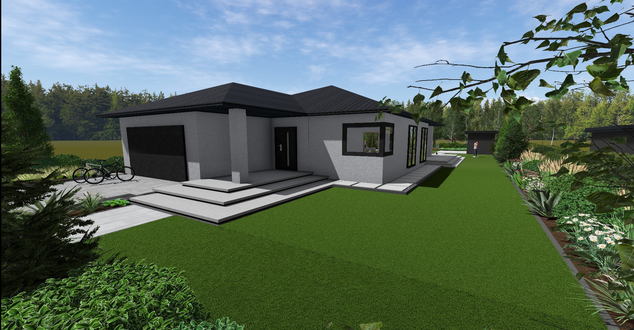 Wizualizacja domu z ogrodem: nowoczesna bryła, płaski dach, szara elewacja, minimalistyczne schody, trawnik, rabaty kwiatowe, drzewa. Dwa rowery opierają się o garaż.