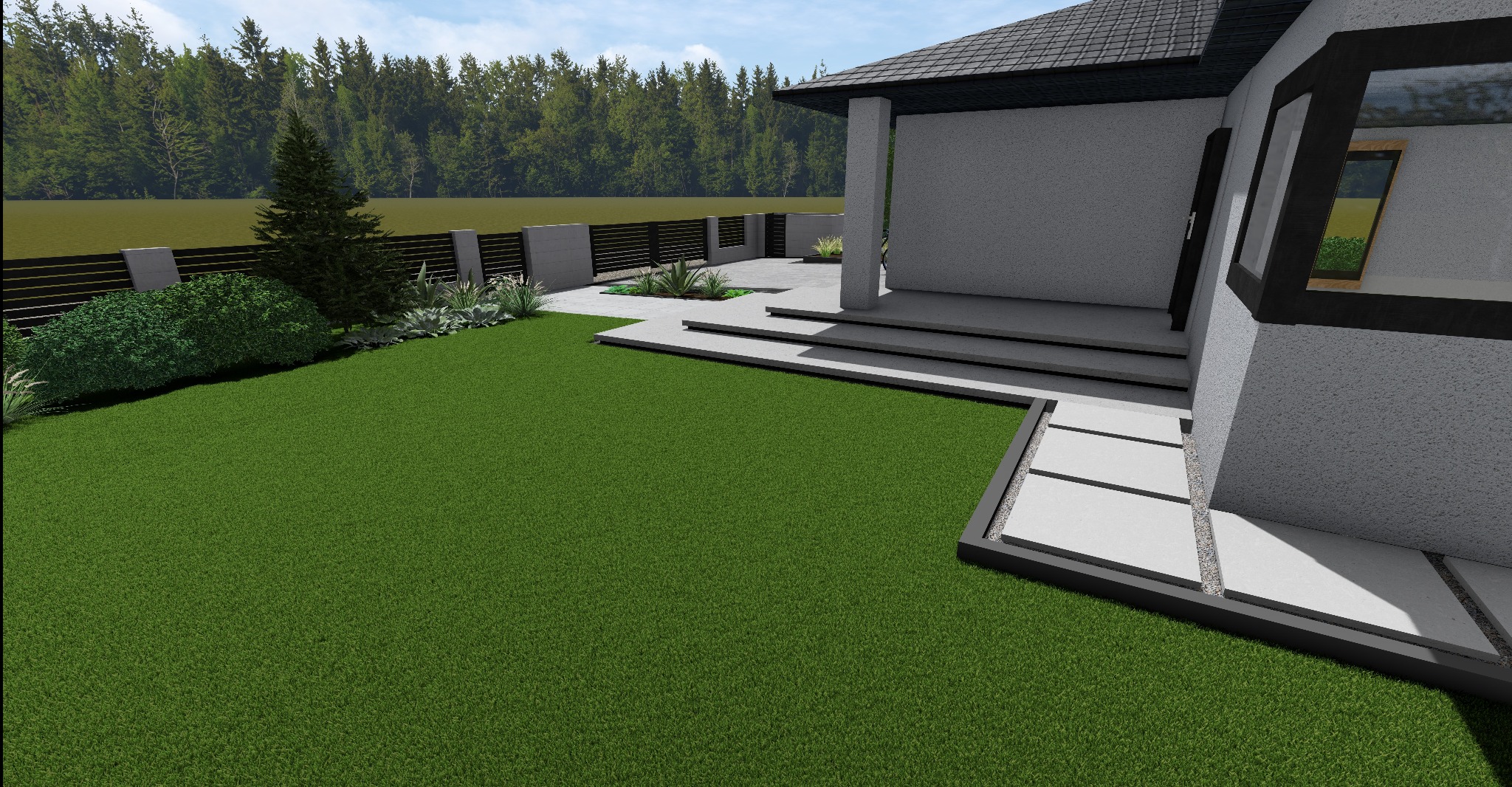 Wizualizacja domu z nowoczesnym ogrodem: trawnik, ścieżka z płyt, rośliny ozdobne i minimalistyczne ogrodzenie. Jasne kolory i geometryczne kształty.