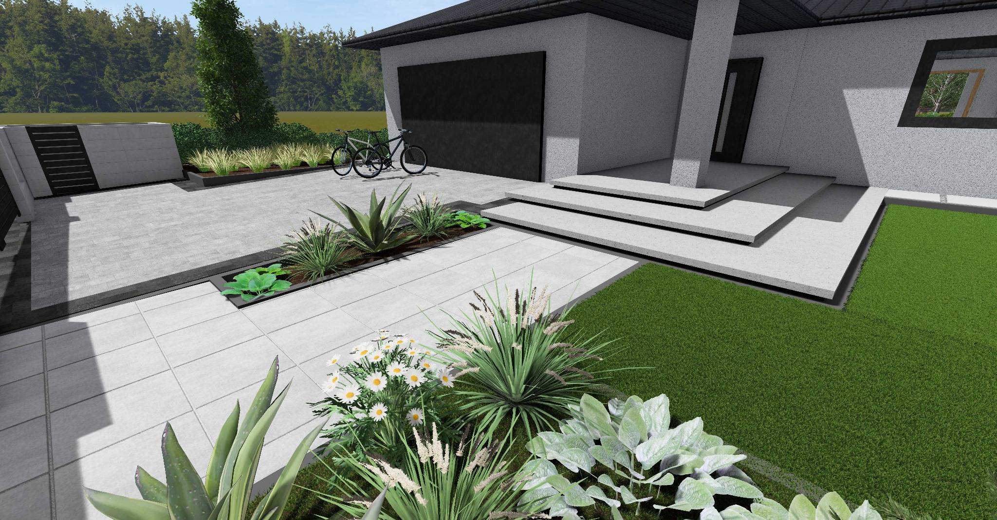 Wizualizacja nowoczesnego ogrodu z minimalistyczną architekturą domu. Geometryczne rabaty, szara kostka, trawnik i rowery opierające się o ścianę garażu.