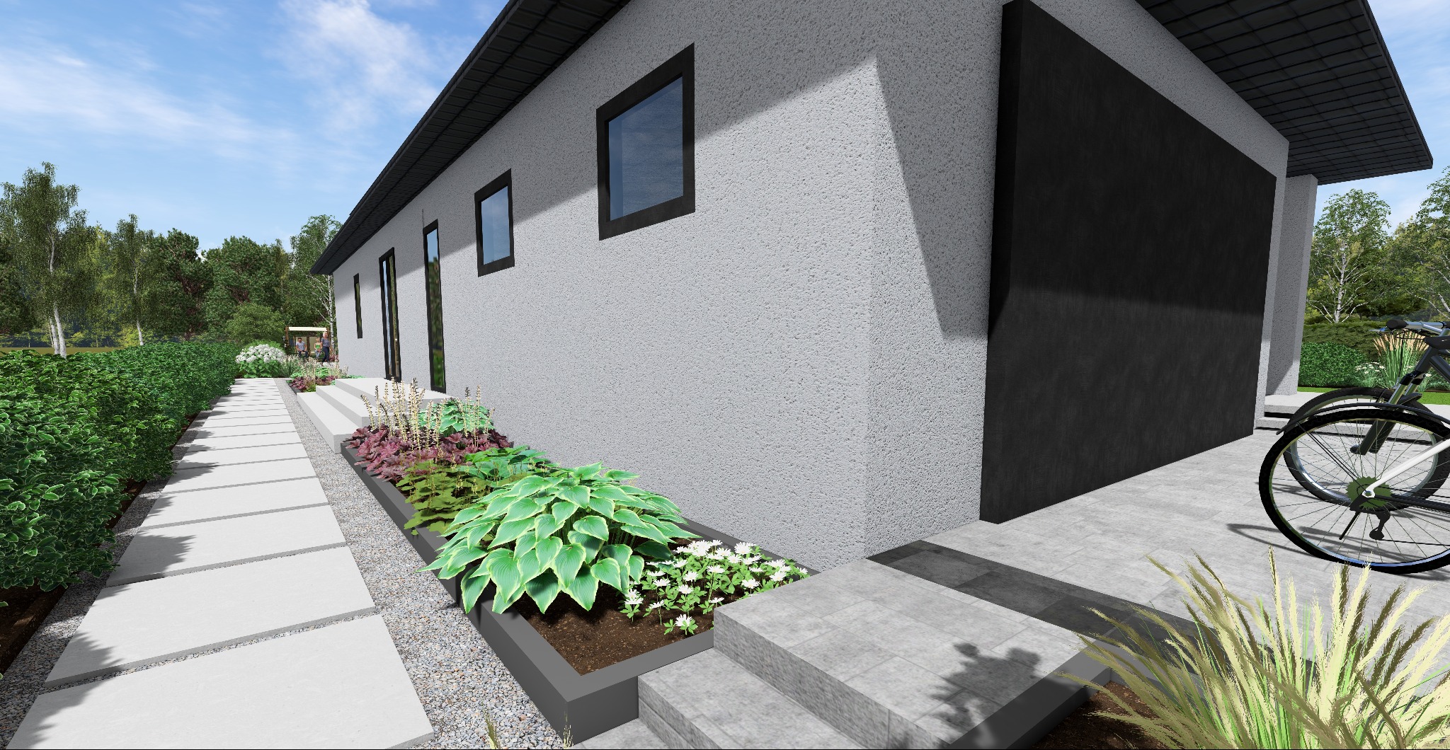 Nowoczesny ogród z geometrycznym chodnikiem, rabatami kwiatowymi w szarych donicach i minimalistyczną architekturą domu w tle. Dwa rowery zaparkowane obok.