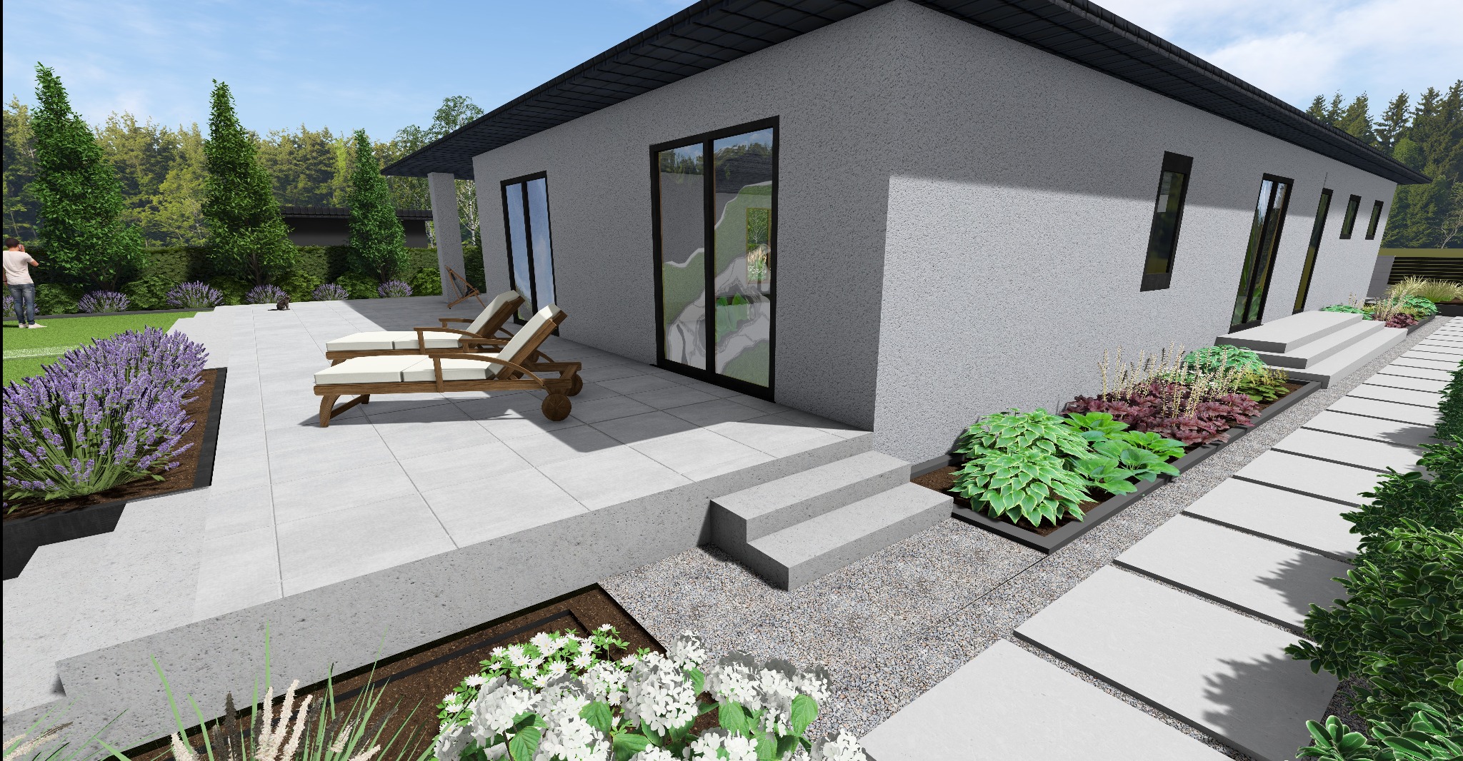 Wizualizacja ogrodu z nowoczesnym domem, tarasem z leżakami, rabatami kwiatowymi i ścieżką z płyt. Minimalistyczny design z elementami zieleni i szarości.