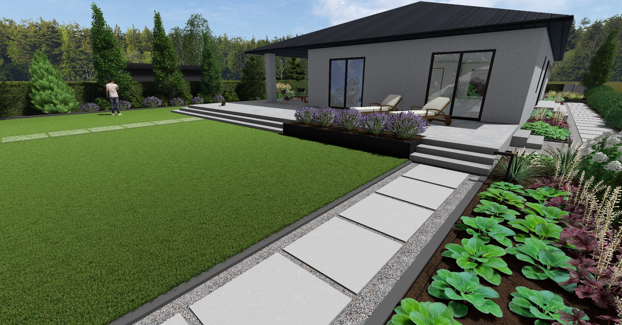 Nowoczesny ogród z geometrycznym trawnikiem, ścieżką z płyt i rabatami kwiatowymi. Na tarasie leżaki, w tle dom z dużymi oknami i osoba spacerująca po trawniku.