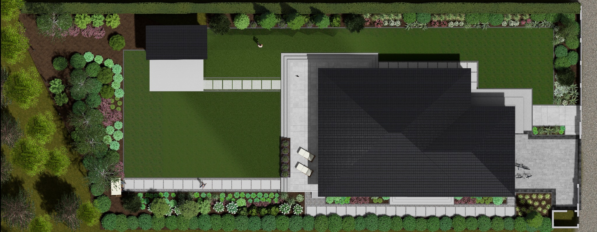 Widok z góry na projekt ogrodu z domem, trawnikiem, ścieżkami z kostki, rabatami kwiatowymi i krzewami. Widoczne meble ogrodowe i osoba spacerująca po trawniku.