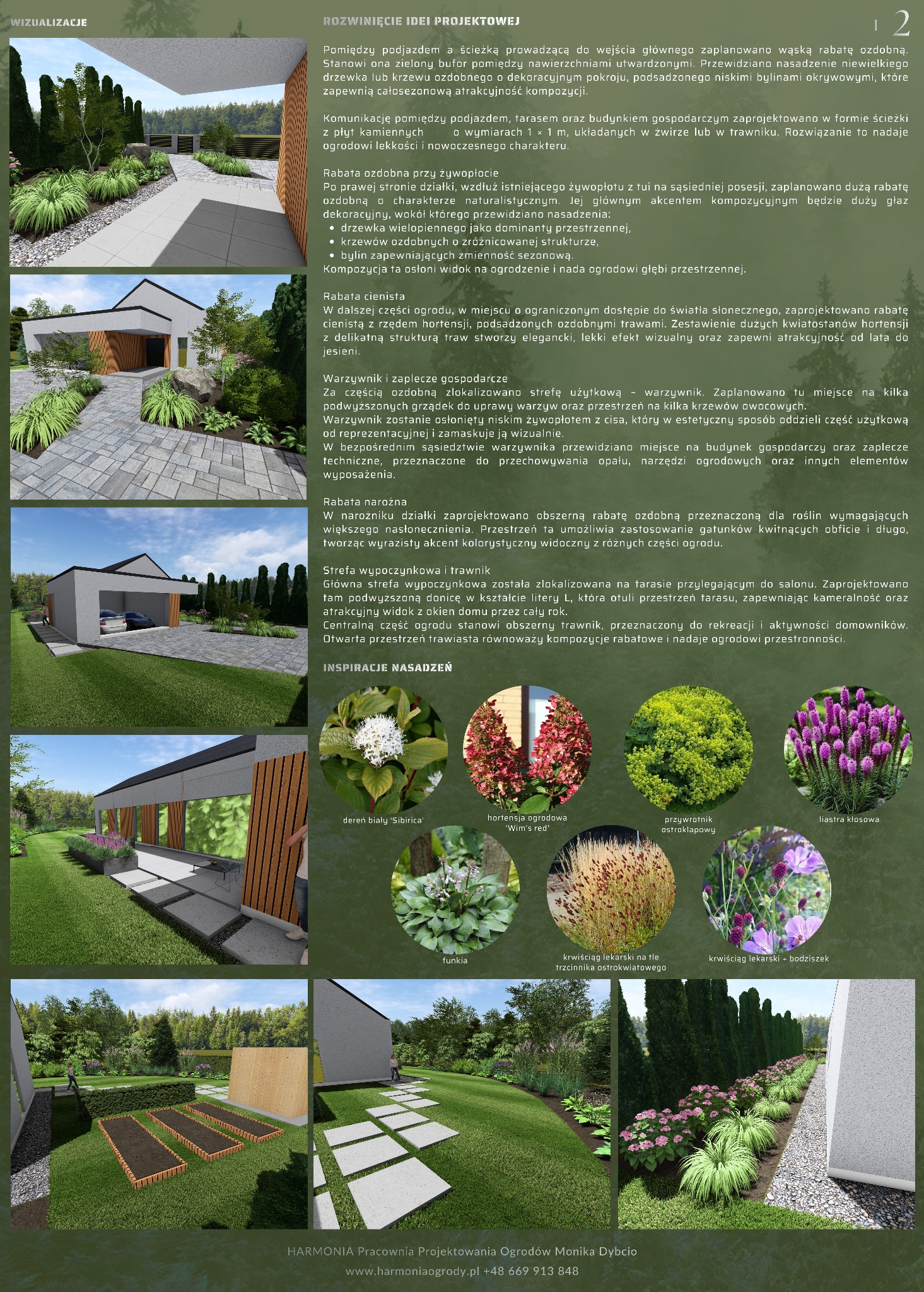 Wizualizacja projektu ogrodu: rabaty z roślinami ozdobnymi, ścieżki z płyt kamiennych, trawnik i warzywnik. Elementy architektury ogrodowej i inspiracje nasadzeń.