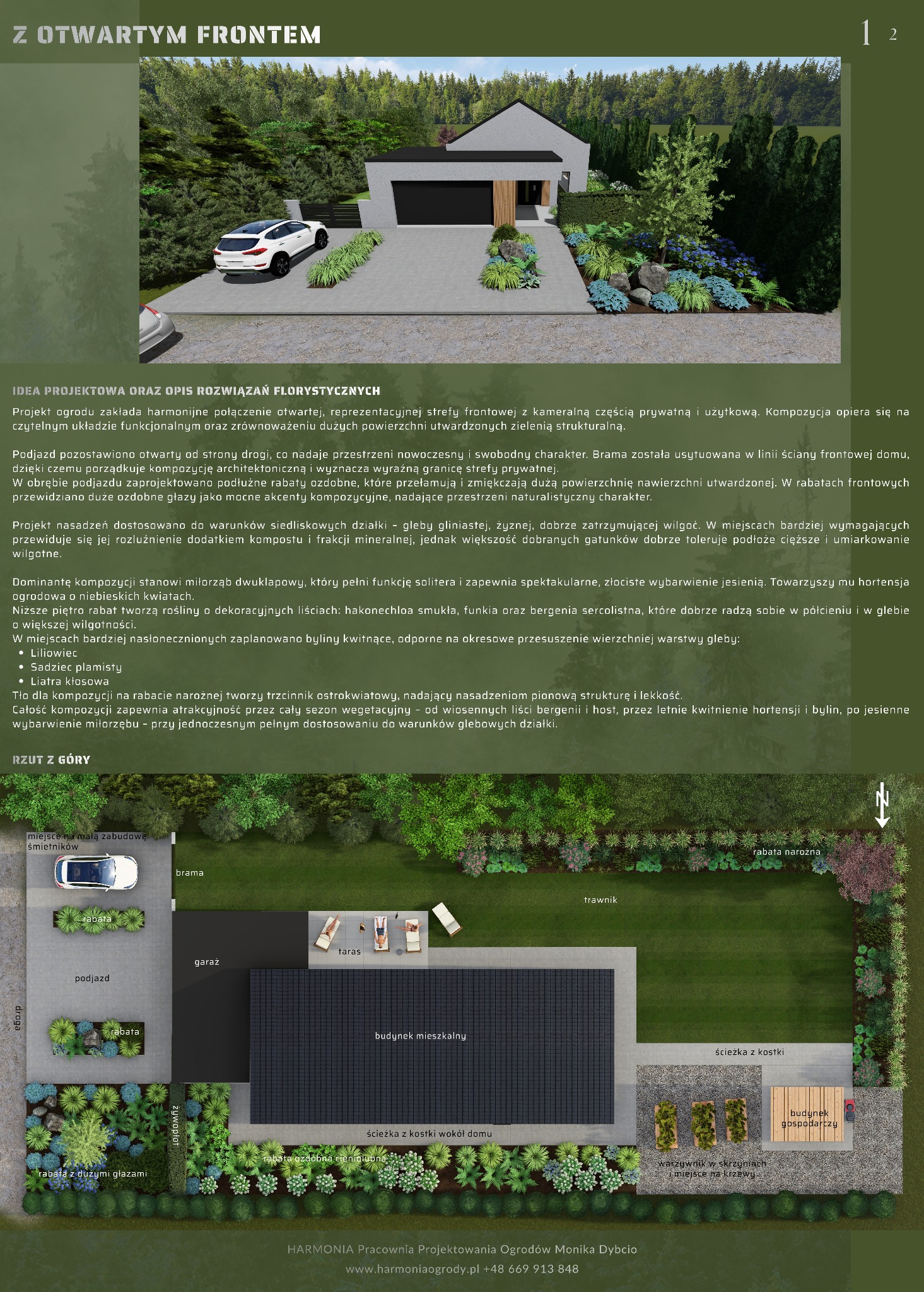 Projekt ogrodu z nowoczesnym domem, rabatami ozdobnymi i podjazdem. Widok z góry prezentuje harmonię strefy frontowej i prywatnej, z zielenią strukturalną i ozdobnymi głazami.