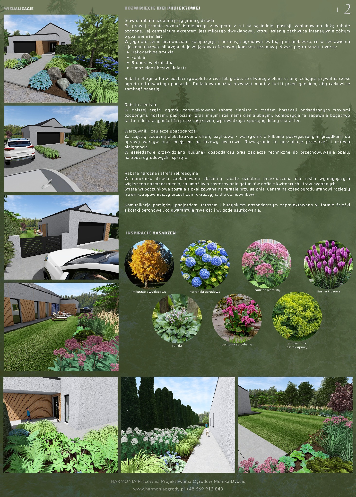 Wizualizacja projektu ogrodu: rabaty z hortensjami, funkiami i trawami ozdobnymi, ścieżka z kostki, żywopłot z tui, warzywnik i strefa rekreacyjna z tarasem.