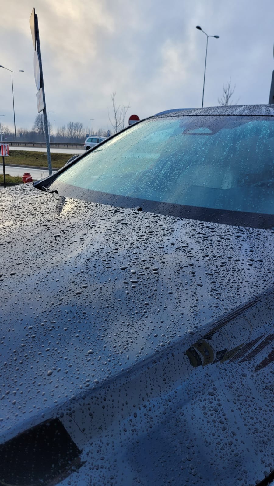 Krople wody na masce i szybie umytego, ciemnego samochodu w pochmurny dzień, widok z bliska.