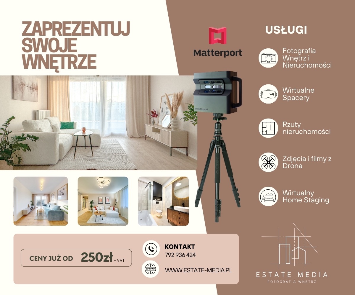 Prezentacja wnętrza z użyciem skanera 3D Matterport na statywie, obok przykładowe zdjęcia wnętrz i lista usług, logo firmy Estate Media.