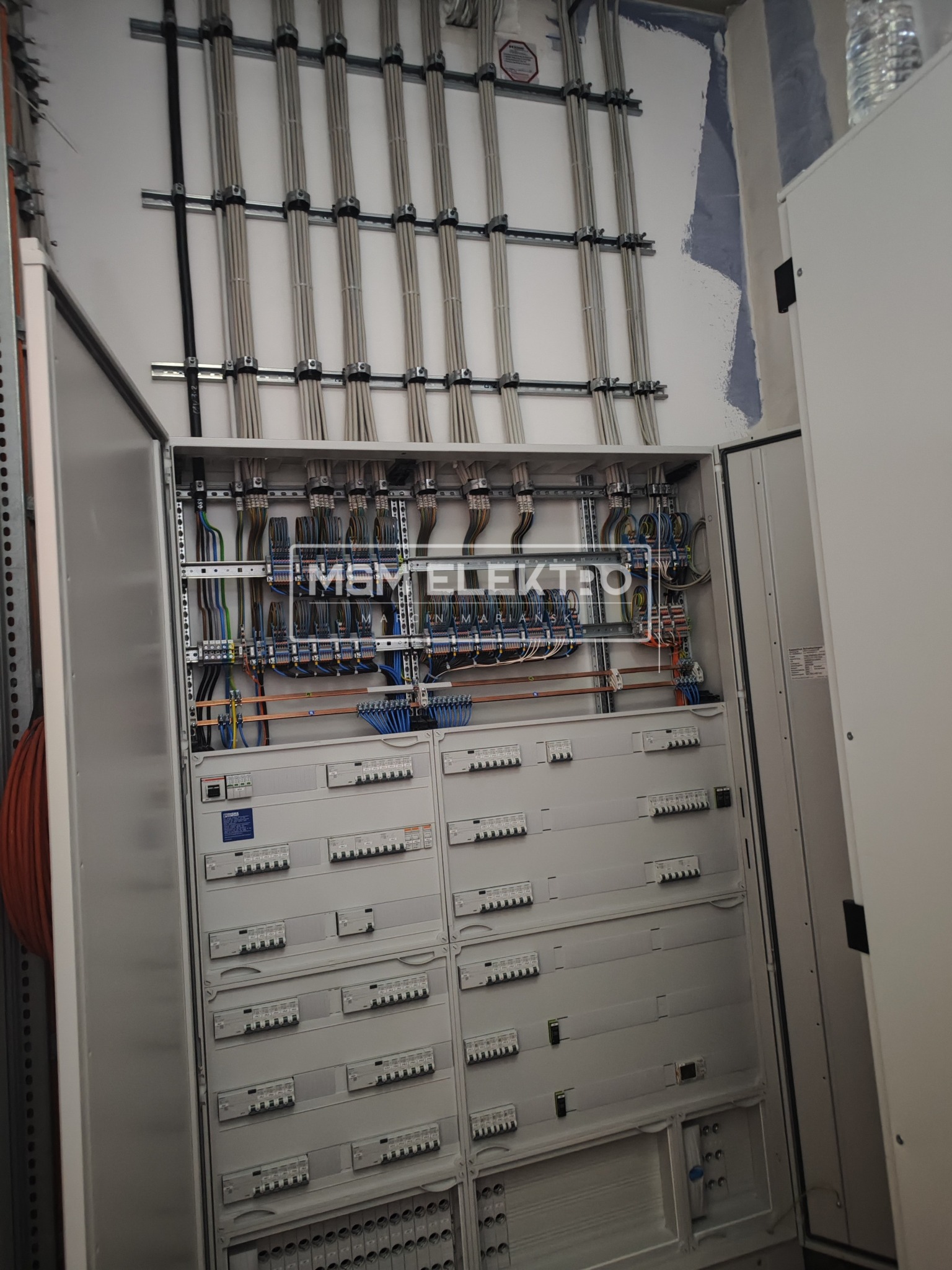 Otwarta szafa elektryczna z licznymi zabezpieczeniami i okablowaniem, widoczne przewody prowadzone w korytkach na ścianie, tło stanowi surowa ściana w trakcie malowania.