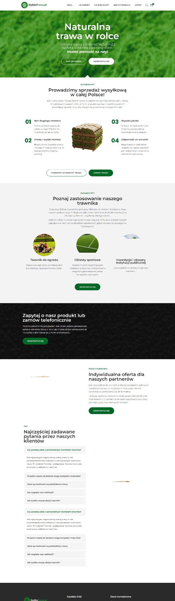 Nowoczesna strona internetowa firmy SzybkaTrawa.pl z zielonym motywem, prezentująca ofertę trawy w rolce i zachęcająca do szybkiego zakupu online i kontaktu.