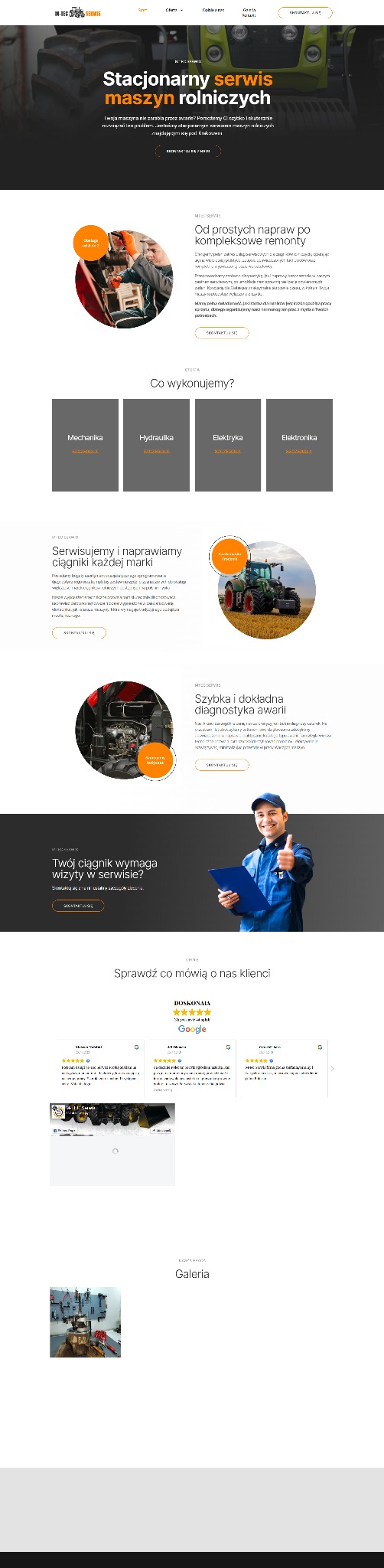 Projekt strony internetowej serwisu maszyn rolniczych z elementami mechaniki, hydrauliki, elektryki i elektroniki, prezentujący ofertę napraw i diagnostyki ciągników.