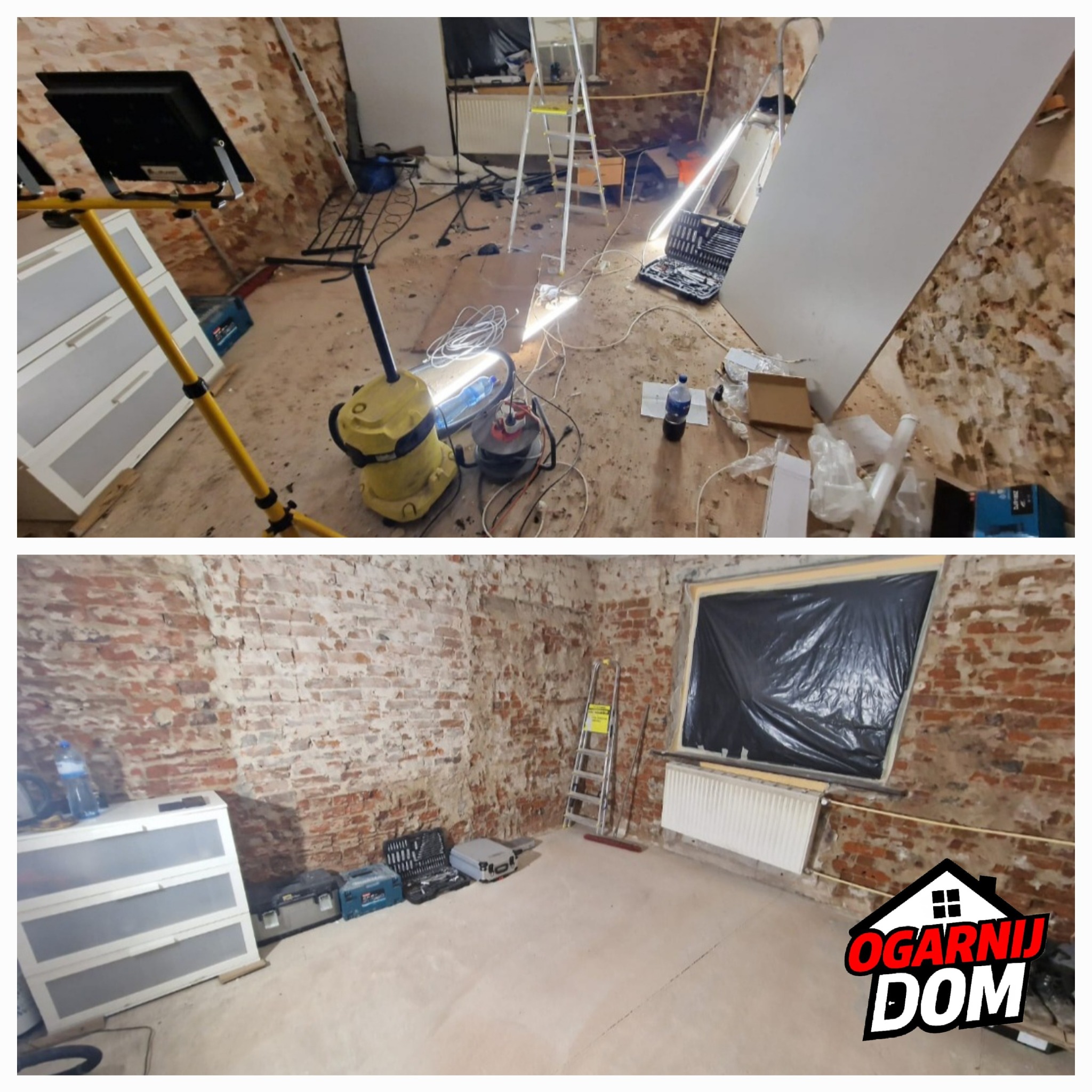 Dwa ujęcia remontowanego pomieszczenia: góra - bałagan, drabina, lampa budowlana; dół - surowe cegły, okno zasłonięte folią, narzędzia, logo firmy.
