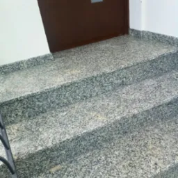 Granitowe schody wejściowe z ciemnymi poręczami, prowadzące do brązowych drzwi z szybą w budynku.