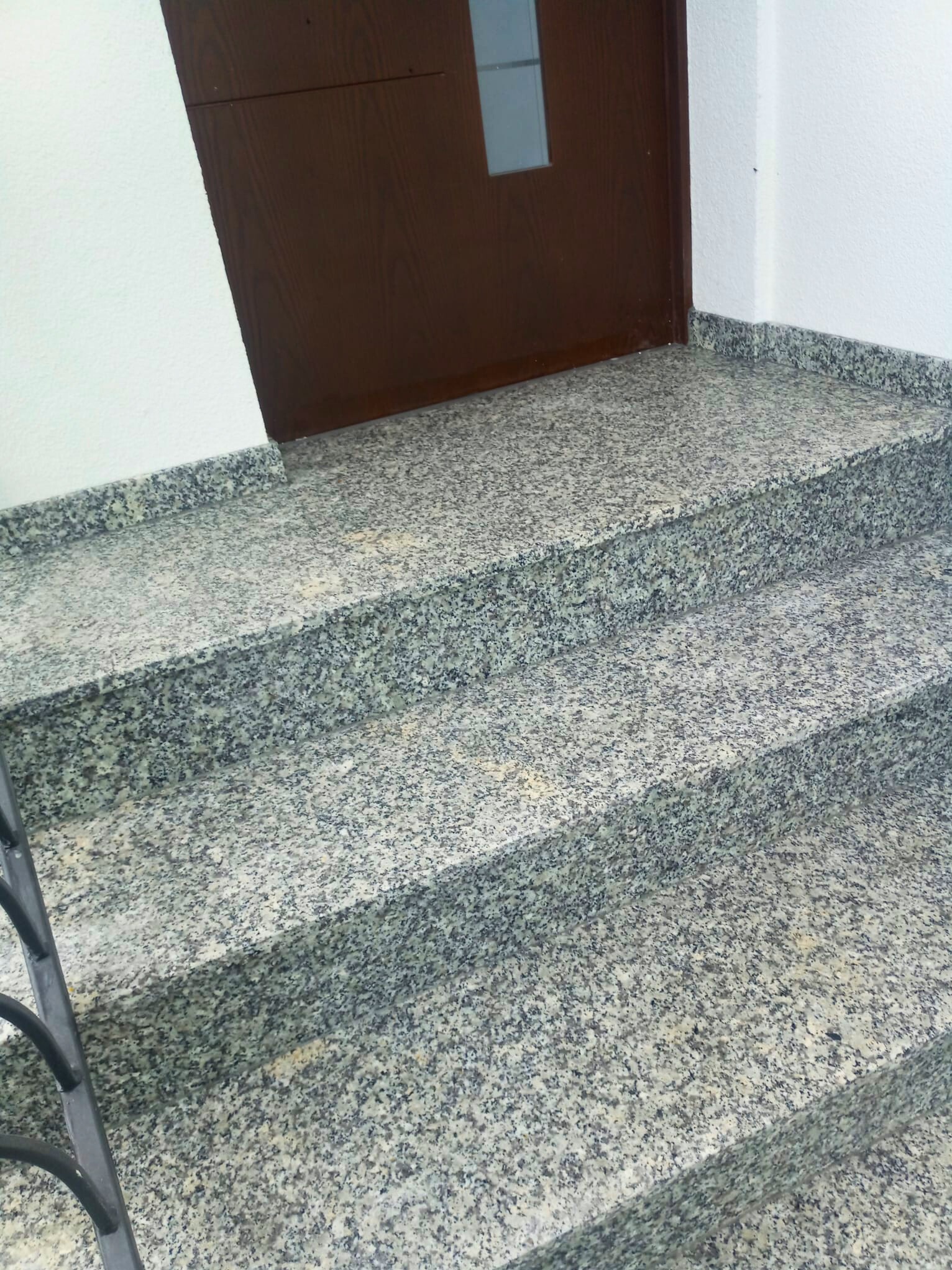 Granitowe schody wejściowe z ciemnymi poręczami, prowadzące do brązowych drzwi z szybą w budynku.