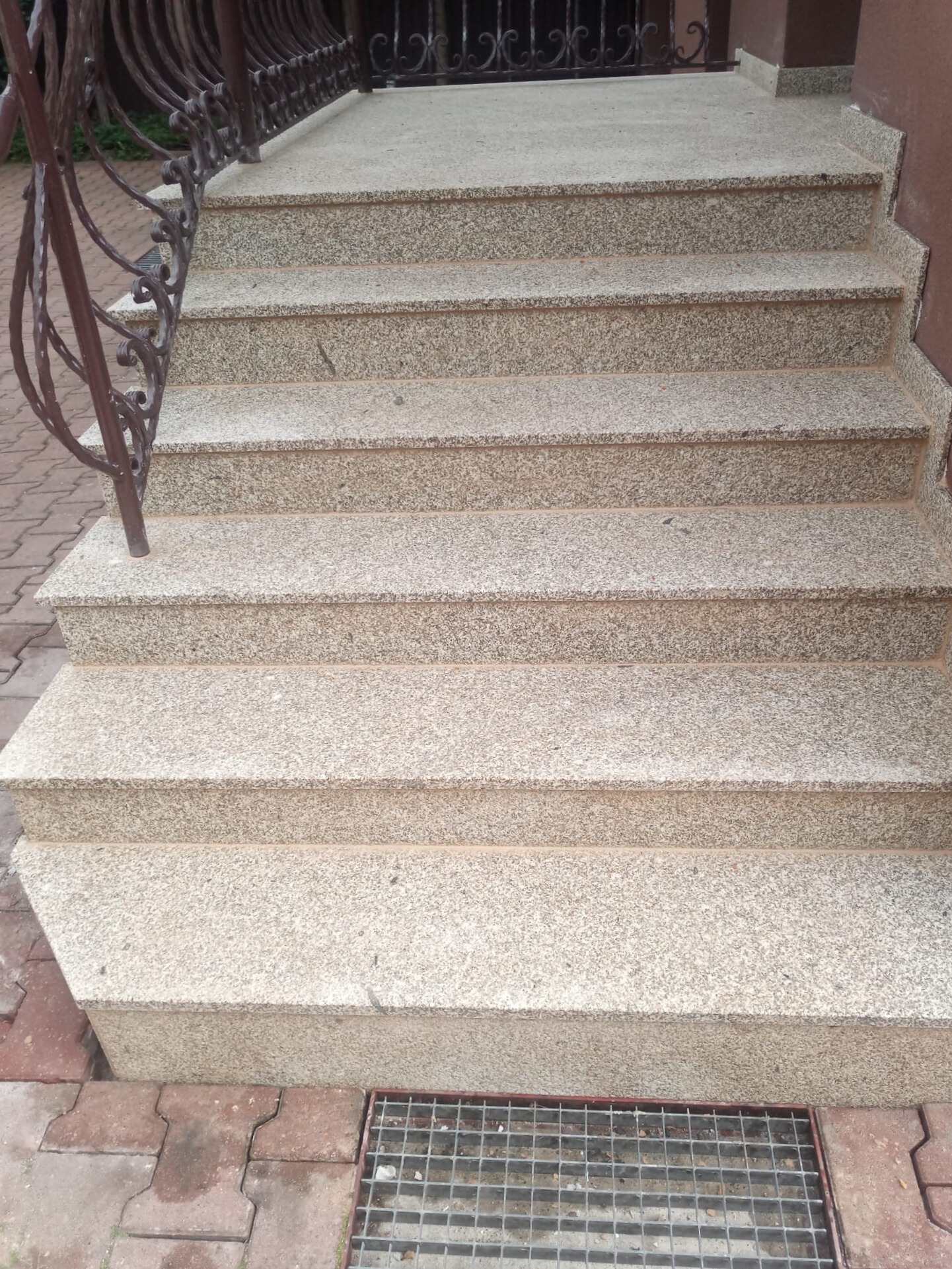 Granitowe schody zewnętrzne z ozdobną, kutą balustradą, prowadzące do wejścia budynku, z kratką ściekową u dołu.