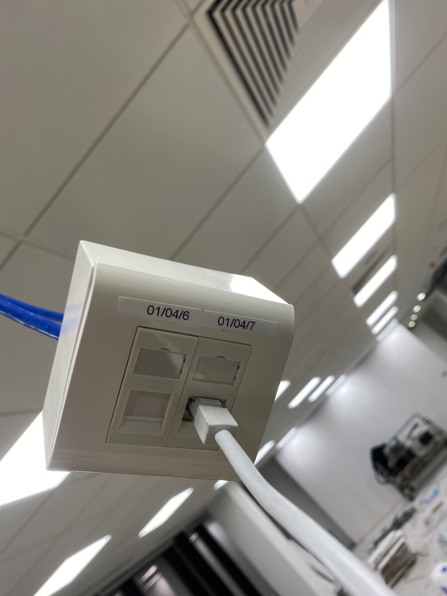 Białe gniazdo sieciowe z podłączonym kablem Ethernet, oznaczone etykietami '01/04/6' i '01/04/7', na tle sufitu podwieszanego z oświetleniem rastrowym.
