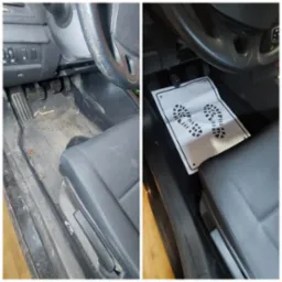 Porównanie stanu wnętrza samochodu przed i po czyszczeniu: brudna podłoga i dywanik vs. czyste wnętrze z papierowym dywanikiem ochronnym.