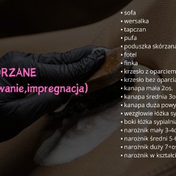 POGOTOWIE SPRZĄTAJĄCE PATRYCJA DROSZKOWSKA - Czyszczenie skórzanej tapicerki: dłoń w czarnej rękawicy aplikuje preparat na jasną skórę. Widoczny tekst 'Meble skórzane (czyszczenie, balsamowanie, impregnacja)'.