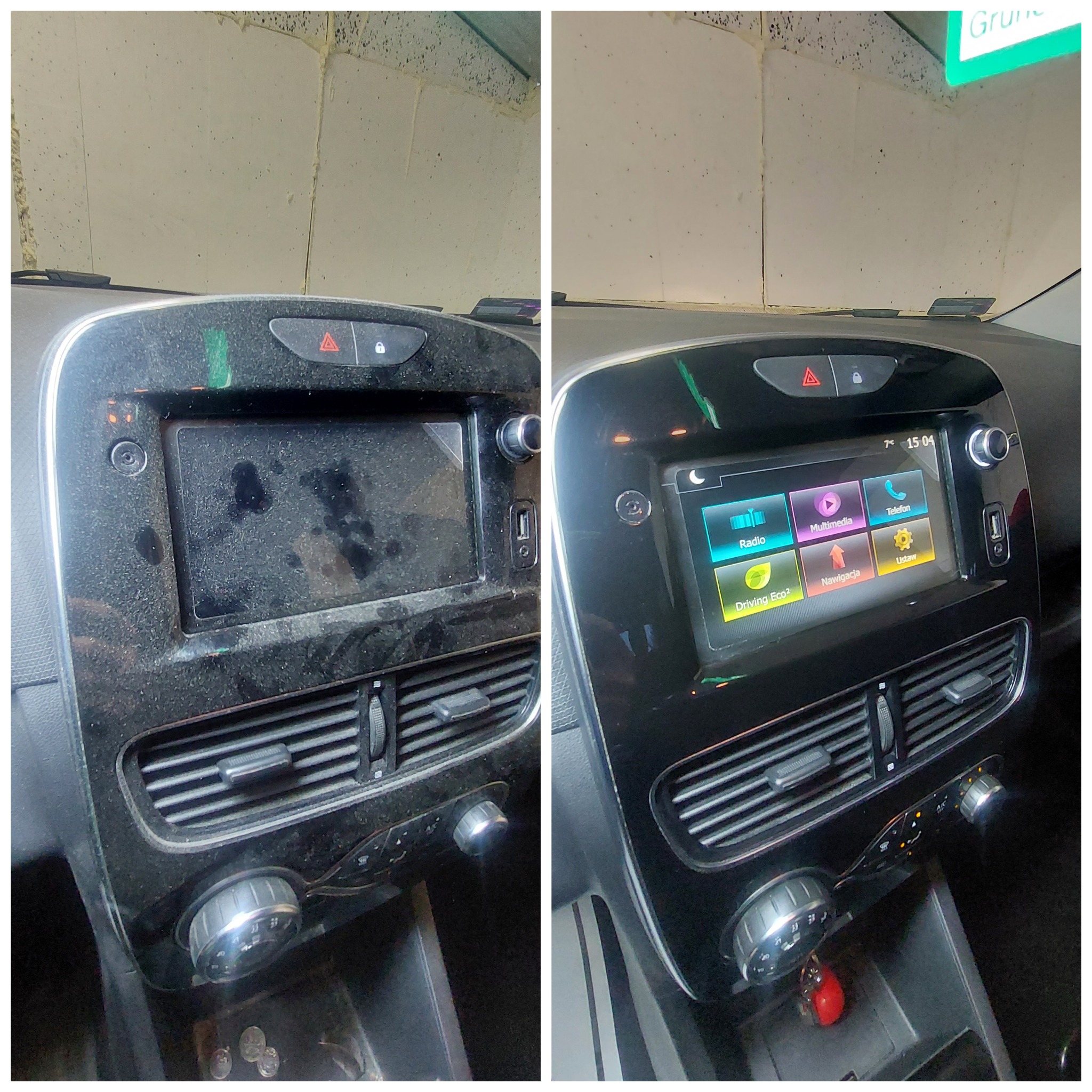 Deska rozdzielcza samochodu przed i po czyszczeniu, widoczna wyraźna różnica w czystości wyświetlacza i otaczających elementów, monety w schowku.