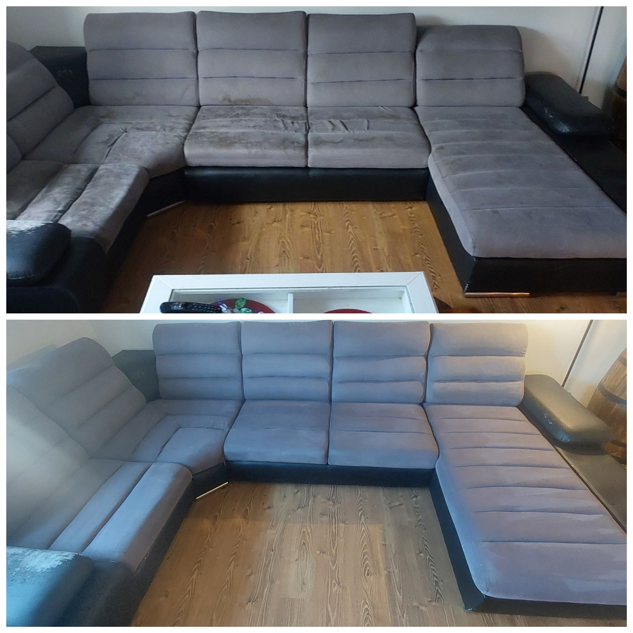 Porównanie stanu kanapy narożnej przed i po praniu, widoczne różnice w czystości i odświeżeniu tapicerki, zarysowane plamy usunięte.