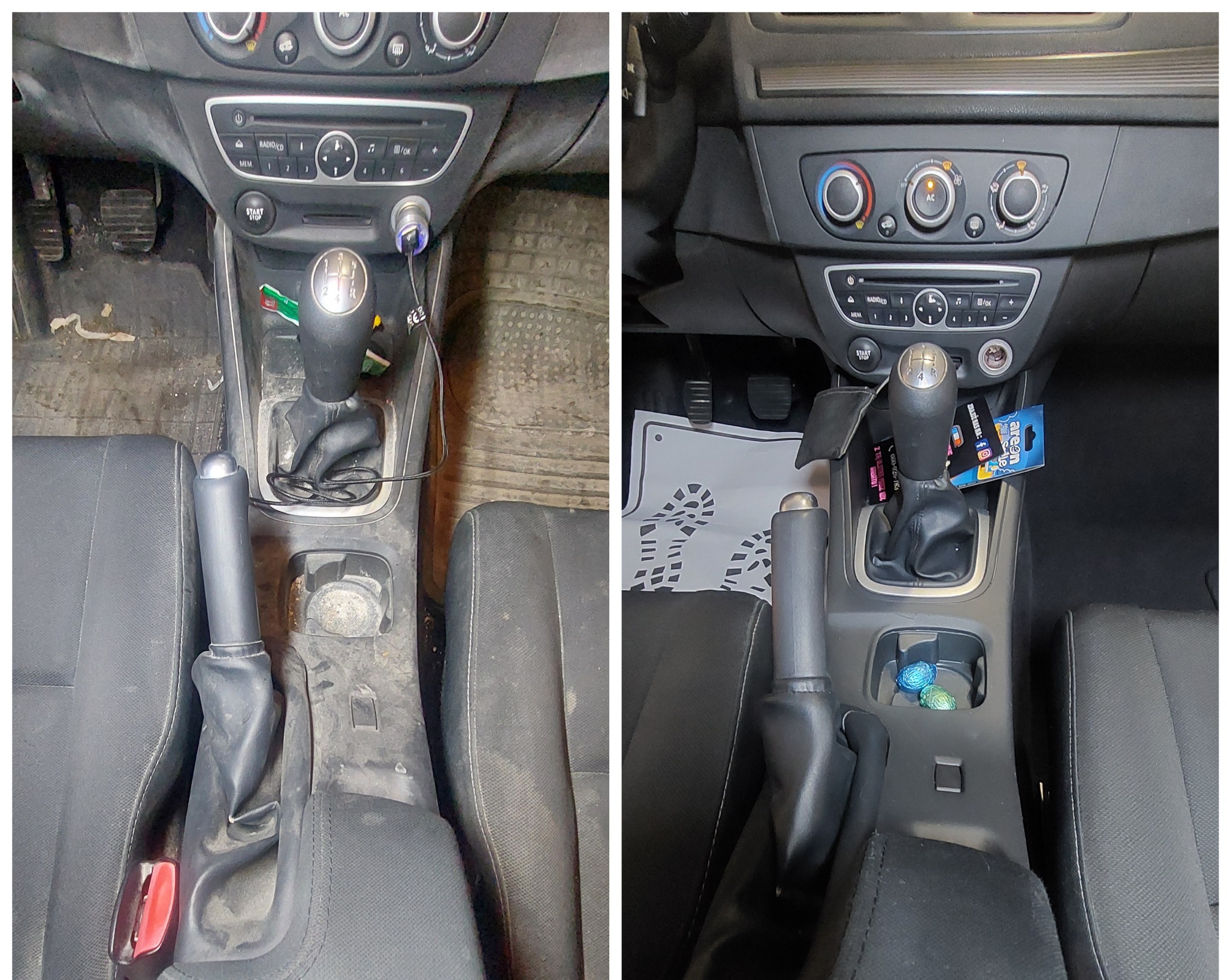 Porównanie wnętrza samochodu przed i po czyszczeniu: po lewej widoczny brudny kokpit z zabrudzonymi dywanikami i konsolą środkową, po prawej czyste wnętrze z nowymi dywanikami ochronnymi...