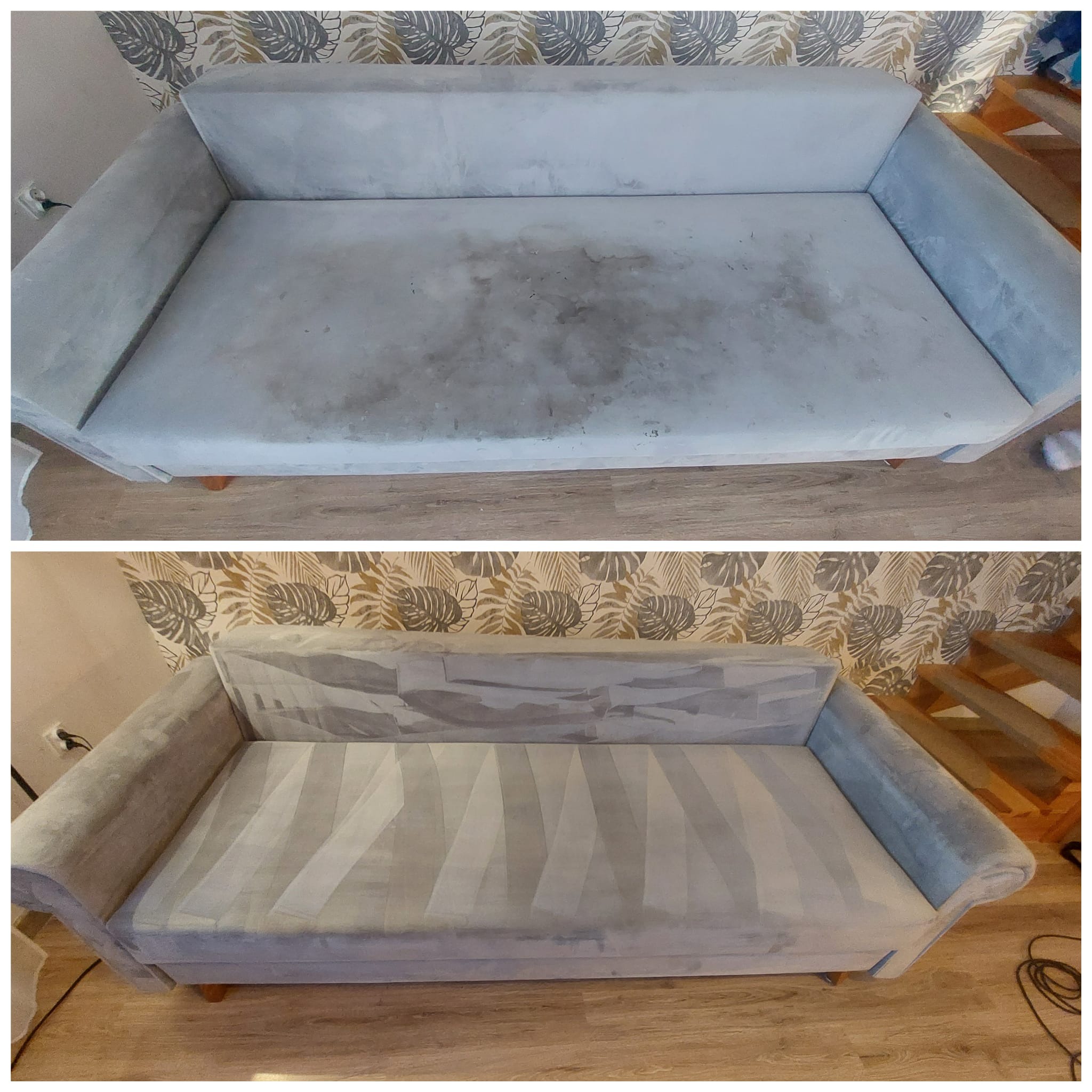 Dwu-częściowe zdjęcie przedstawia szarą kanapę przed i po czyszczeniu, ukazując widoczną różnicę w czystości i odświeżeniu tapicerki.