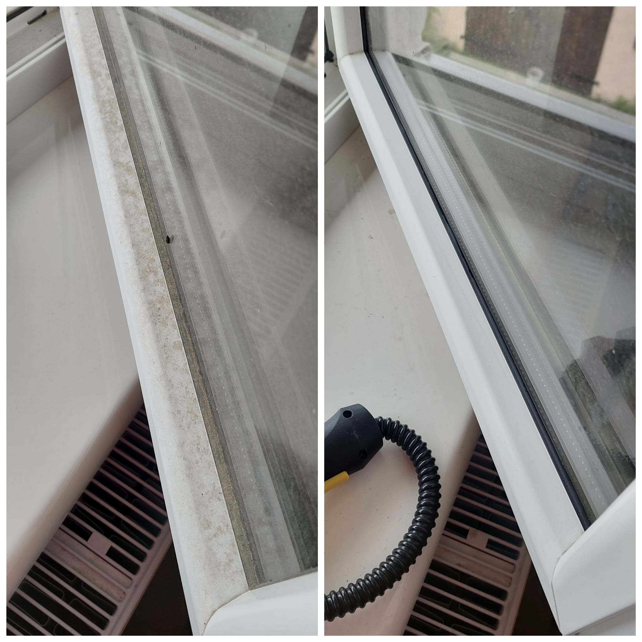 Porównanie: zabrudzone okno przed i po czyszczeniu, widoczny biały plastikowy profil okienny, szyba i fragment grzejnika, po prawej stronie narzędzie do czyszczenia parą.