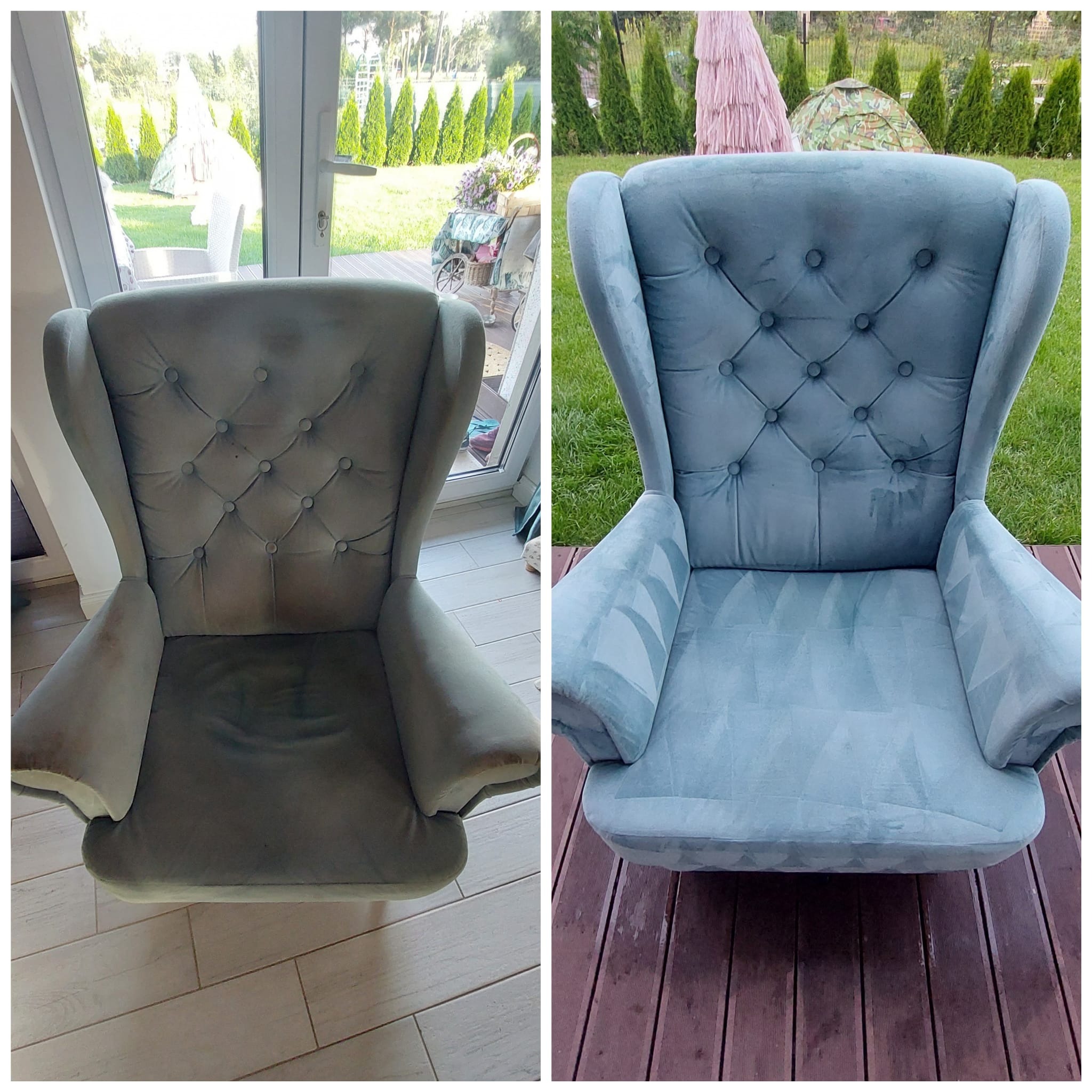 Porównanie fotela typu uszak przed i po praniu tapicerki, widoczne wyraźne różnice w czystości i odświeżeniu koloru.
