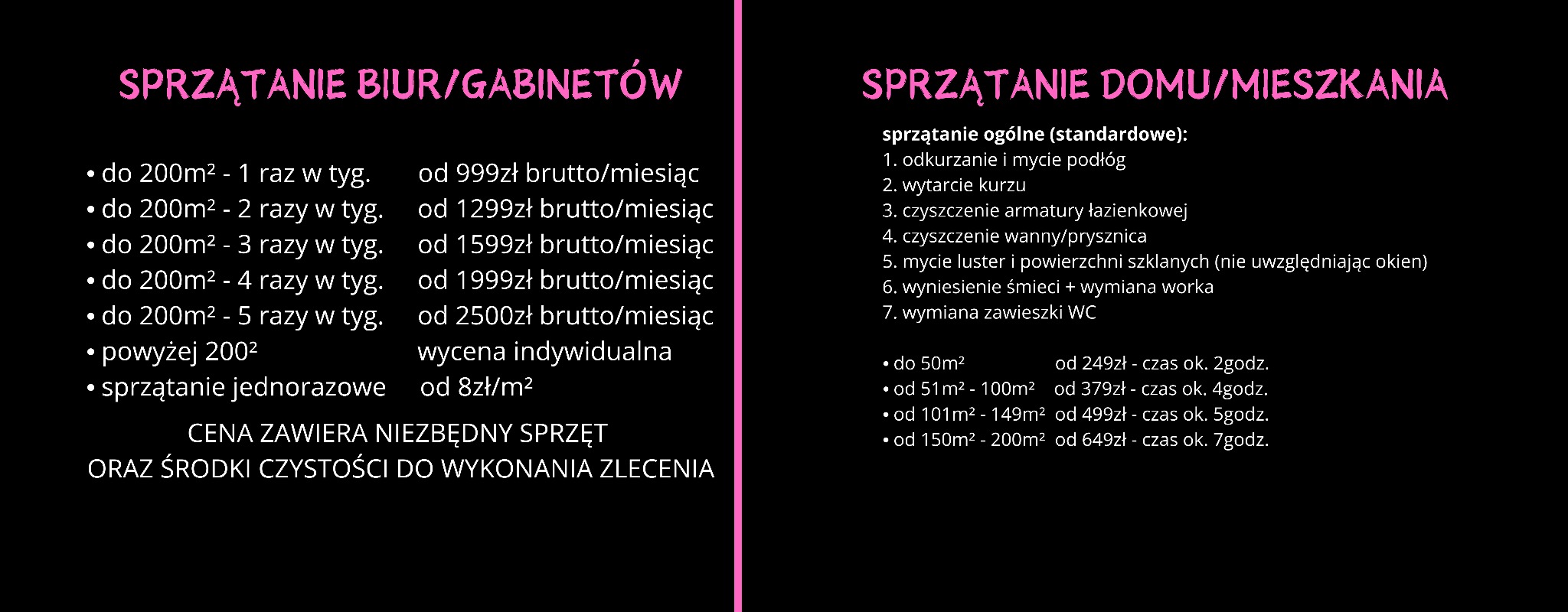 Czarno-różowa grafika informacyjna prezentująca cennik i zakres usług sprzątania biur i domów/mieszkań, z podziałem na metraż i częstotliwość, oraz listą czynności wchodzących w standardowe...