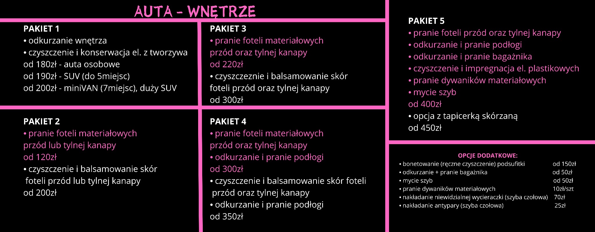 Cennik usług czyszczenia wnętrza samochodu, z wyszczególnieniem pakietów obejmujących pranie foteli, odkurzanie, czyszczenie elementów z tworzyw sztucznych, mycie szyb i inne opcje dodatkowe.