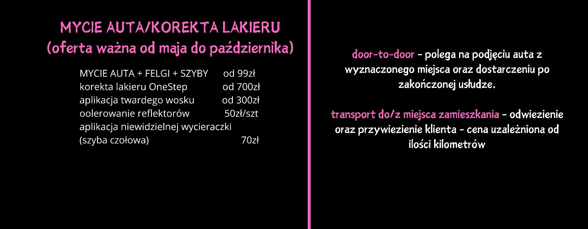 Grafika reklamowa z ofertą na mycie auta, korektę lakieru, aplikację wosku i niewidzialnej wycieraczki na szyby, z informacją o transporcie door-to-door.