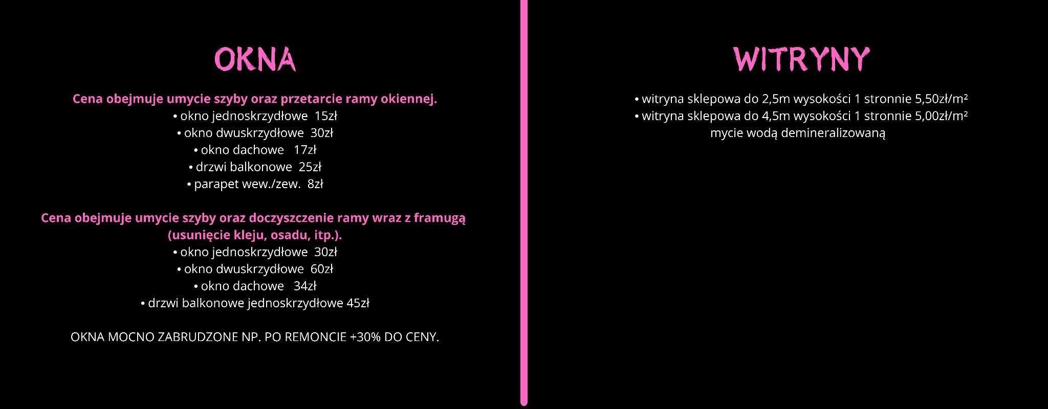 Grafika z cennikiem usług mycia okien i witryn, z podziałem na typy okien (jednoskrzydłowe, dwuskrzydłowe, dachowe, balkonowe) i rodzaje zabrudzeń (standardowe, po remoncie), z wyszczególnieniem...