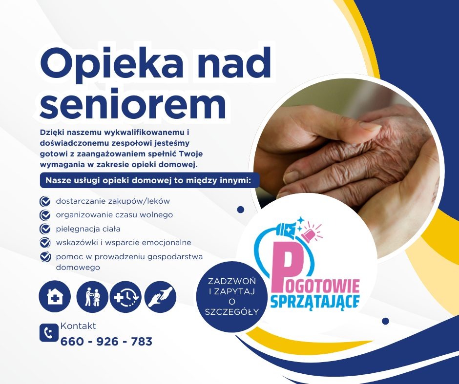Grafika reklamowa usług opieki nad seniorem z listą oferowanych usług, numerem telefonu kontaktowego i elementami graficznymi w kolorach niebieskim i żółtym. Zawiera zdjęcie dłoni osoby starszej...