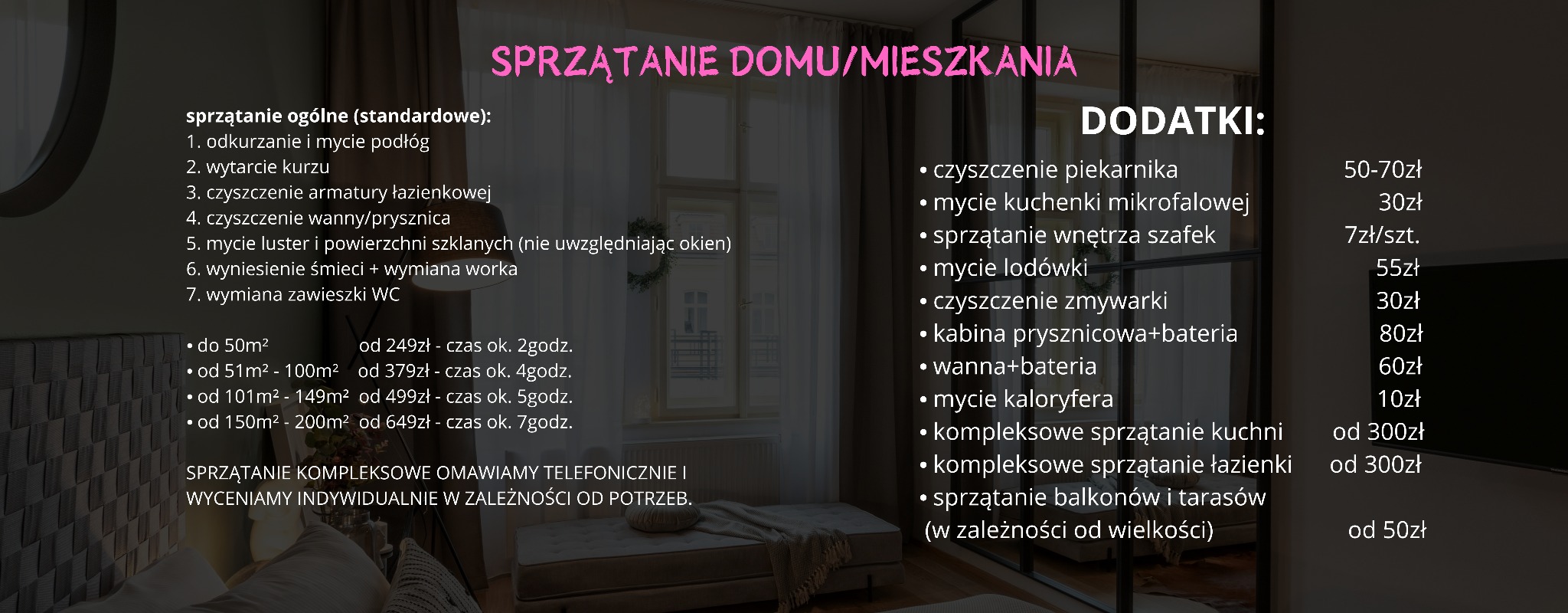 Grafika z cennikiem usług sprzątania domu/mieszkania, obejmująca sprzątanie ogólne, czyszczenie armatury, mycie luster, piekarnika, lodówki, balkonów i inne.