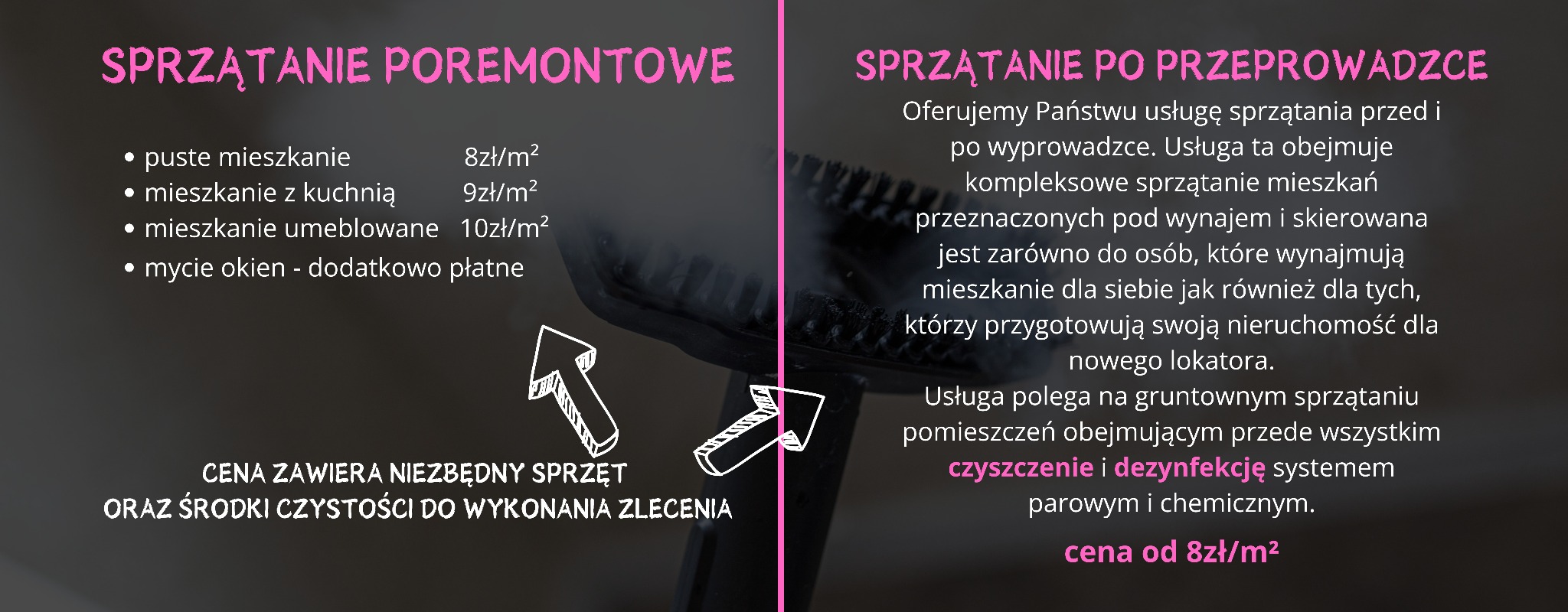 Grafika reklamowa usług sprzątania po remoncie i przeprowadzce, z cennikiem za metr kwadratowy i informacją o zawartym sprzęcie i środkach czystości.